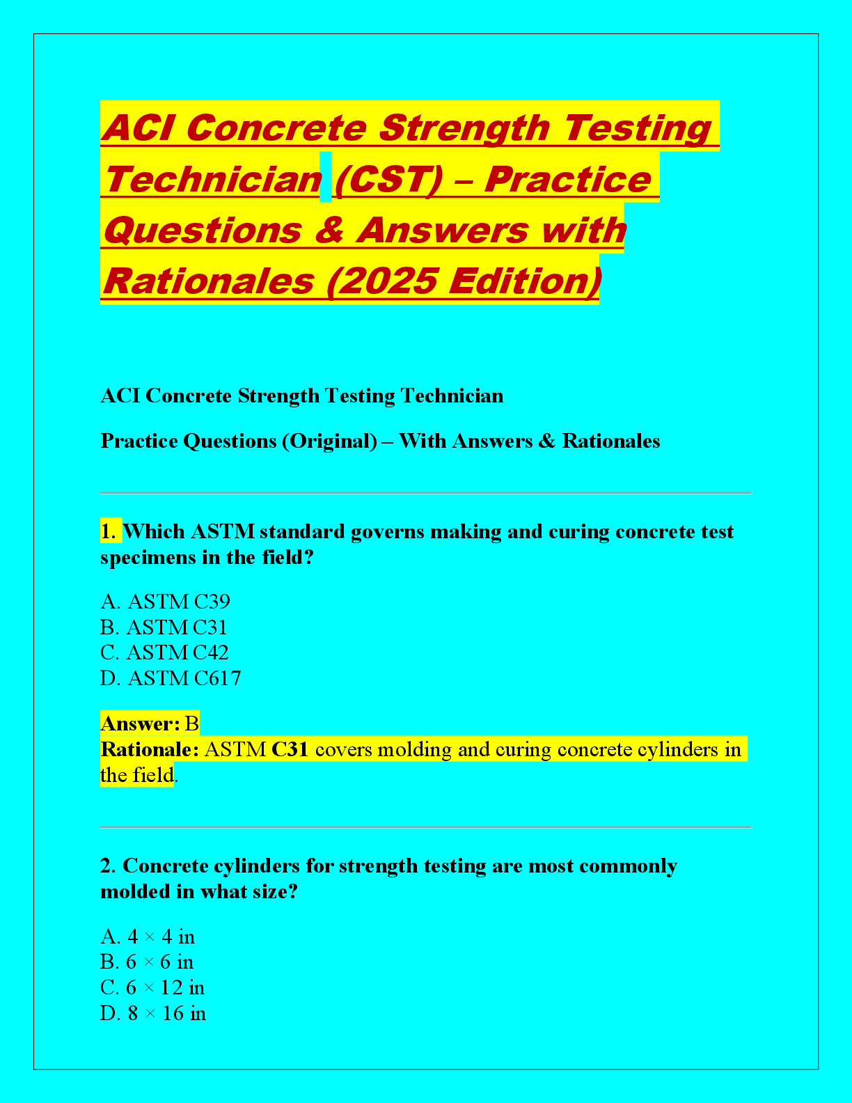 Preview of ACI Concrete Strength Testing  Technician (CST) – Practice  Questions &amp; Answers with  Rationales (2025 Edition)