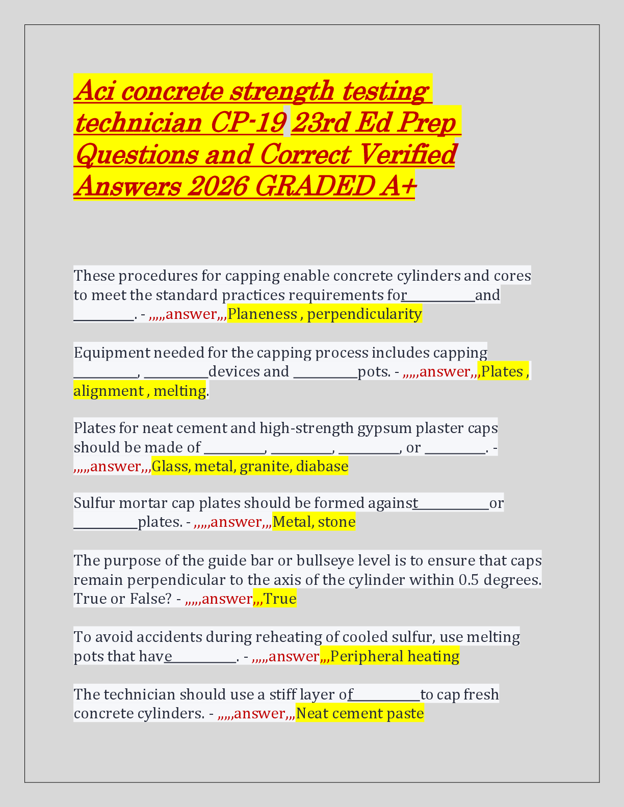 Preview of Aci concrete strength testing  technician CP-19 23rd Ed Prep  Questions and Correct Verifi
