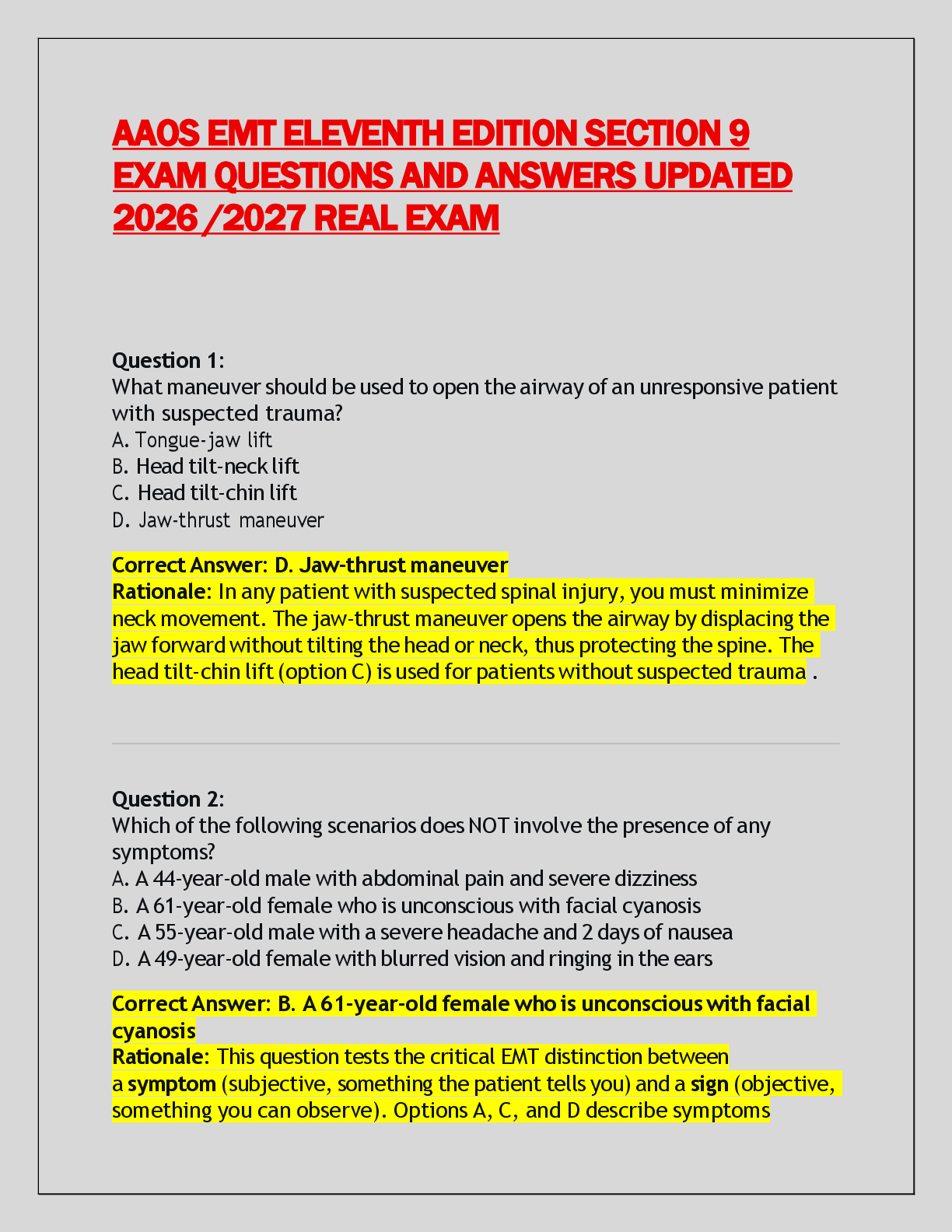 Recommended document preview for AAOS EMT ELEVENTH EDITION SECTION 9  EXAM QUESTIONS AND ANSWERS UPDATED  2026 /2027 REAL EXAM