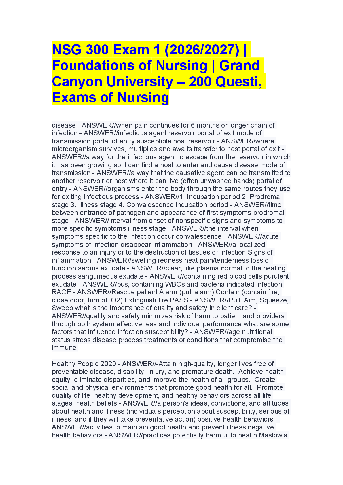 Recommended document preview for NSG 300 Exam 1: Foundations of Nursing – Grand Canyon University – 200 Questions