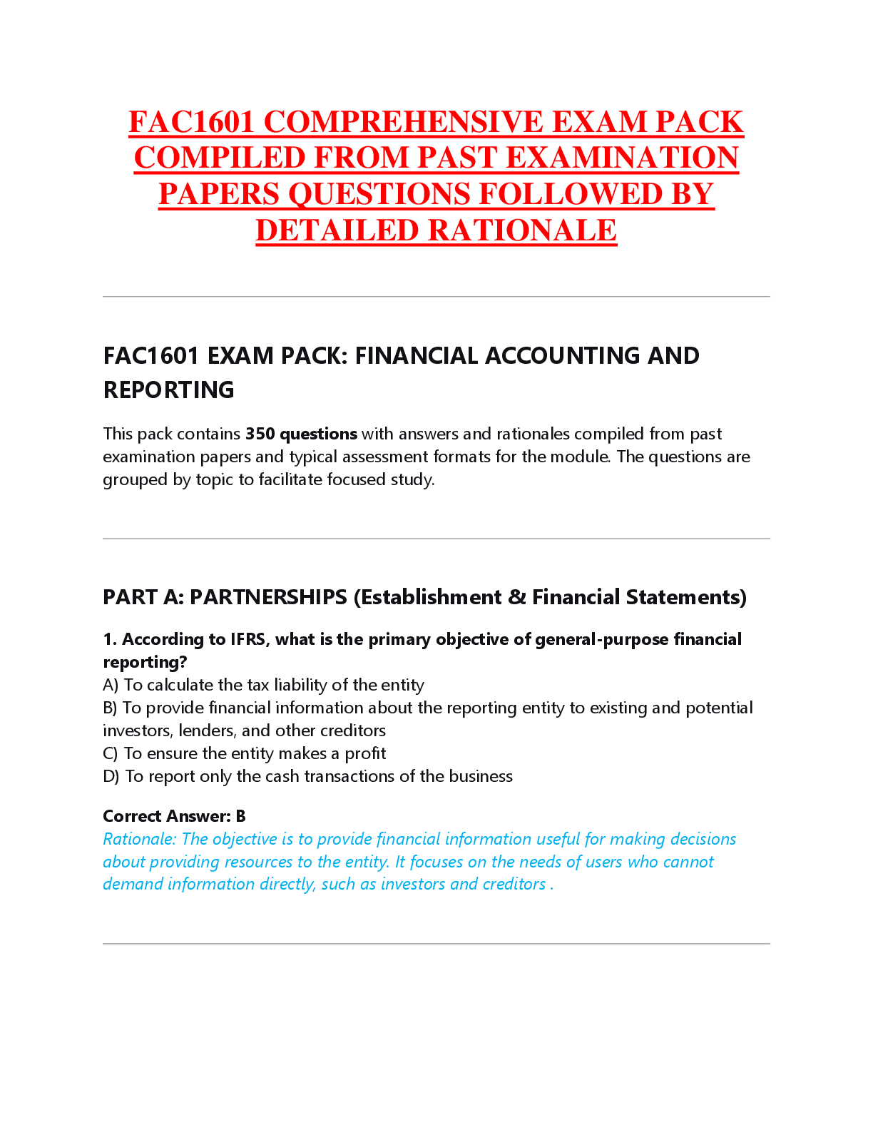 Recommended document preview for FAC1601 COMPREHENSIVE EXAM PACK  COMPILED FROM PAST EXAMINATION  PAPERS QUESTIONS FOLLOWED BY  DETAILED RATIONALE