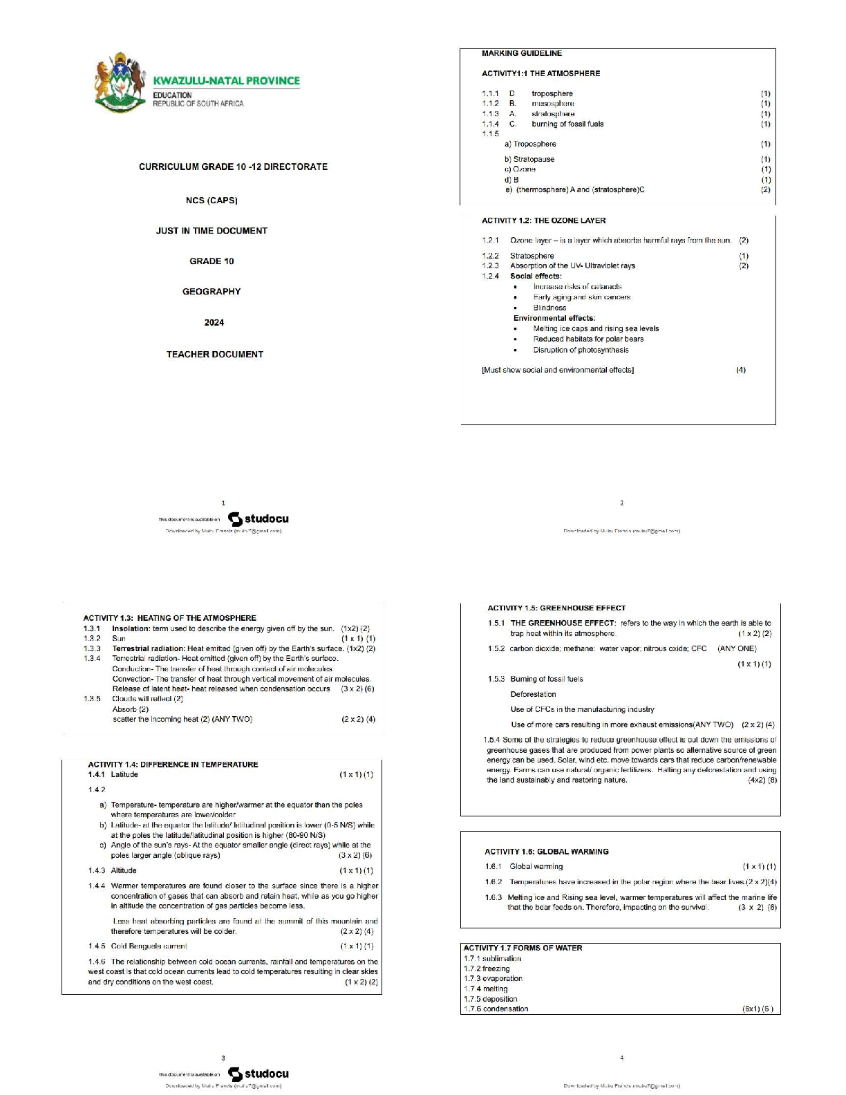 Preview of Grade 10 Geography JIT 2024 / Teacher Document Solutions & Marking Guide   / Updated Answe