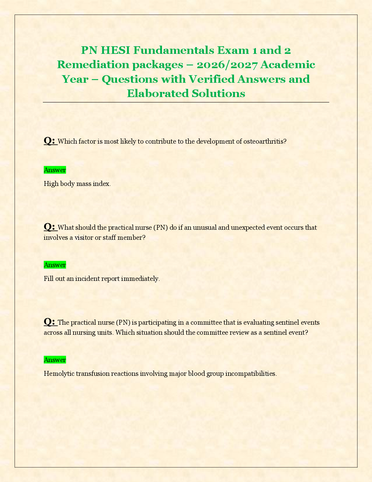 Preview of PN HESI Fundamentals Exam 1 and 2  Remediation packages – 2026/2027 Academic  Year – Questions with Verified Answers and  Elaborated Solutions