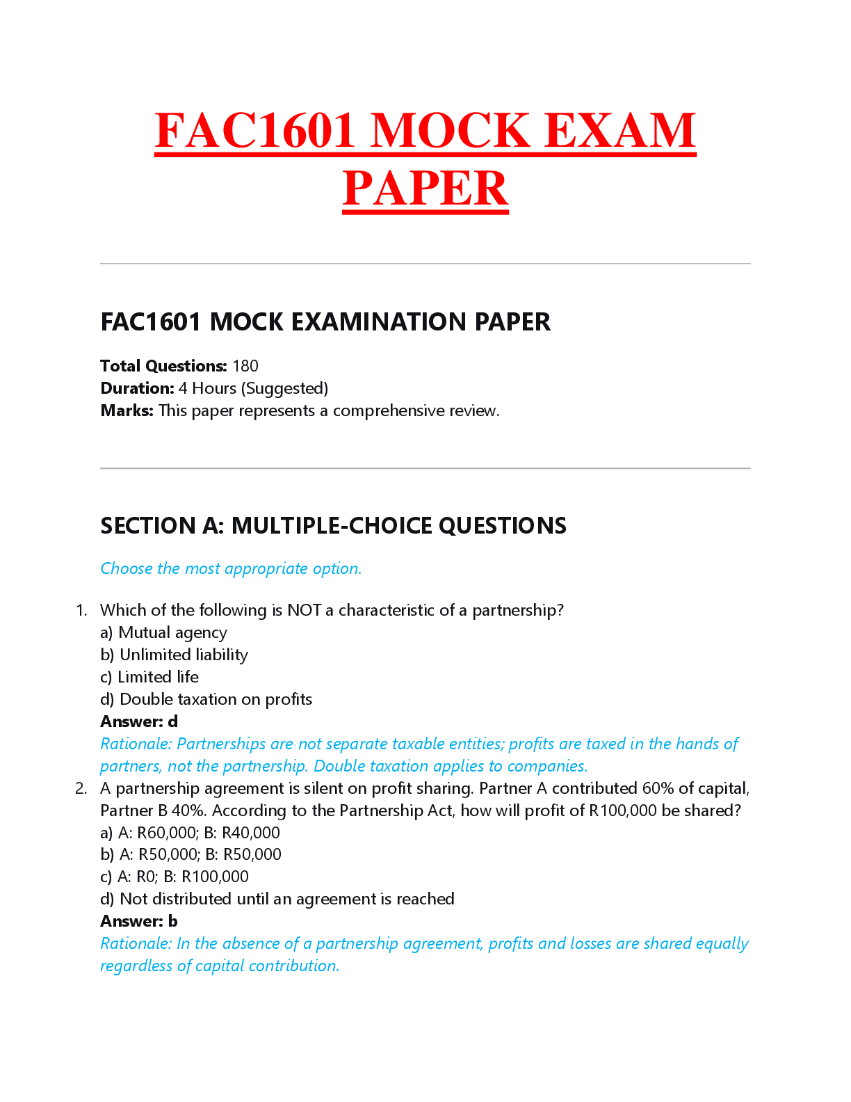 Recommended document preview for FAC1601 MOCK EXAM  PAPER