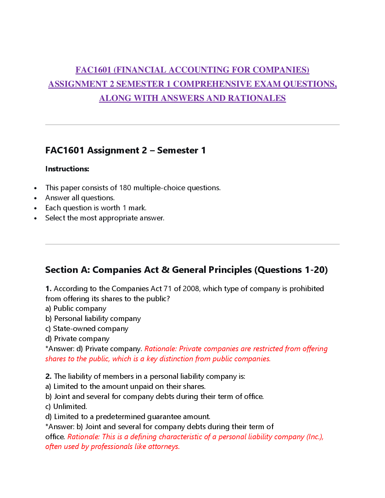 Recommended document preview for FAC1601 (FINANCIAL ACCOUNTING FOR COMPANIES)  ASSIGNMENT 2 SEMESTER 1 COMPREHENSIVE EXAM QUESTIONS,  ALONG WITH ANSWERS AND RATIONALES