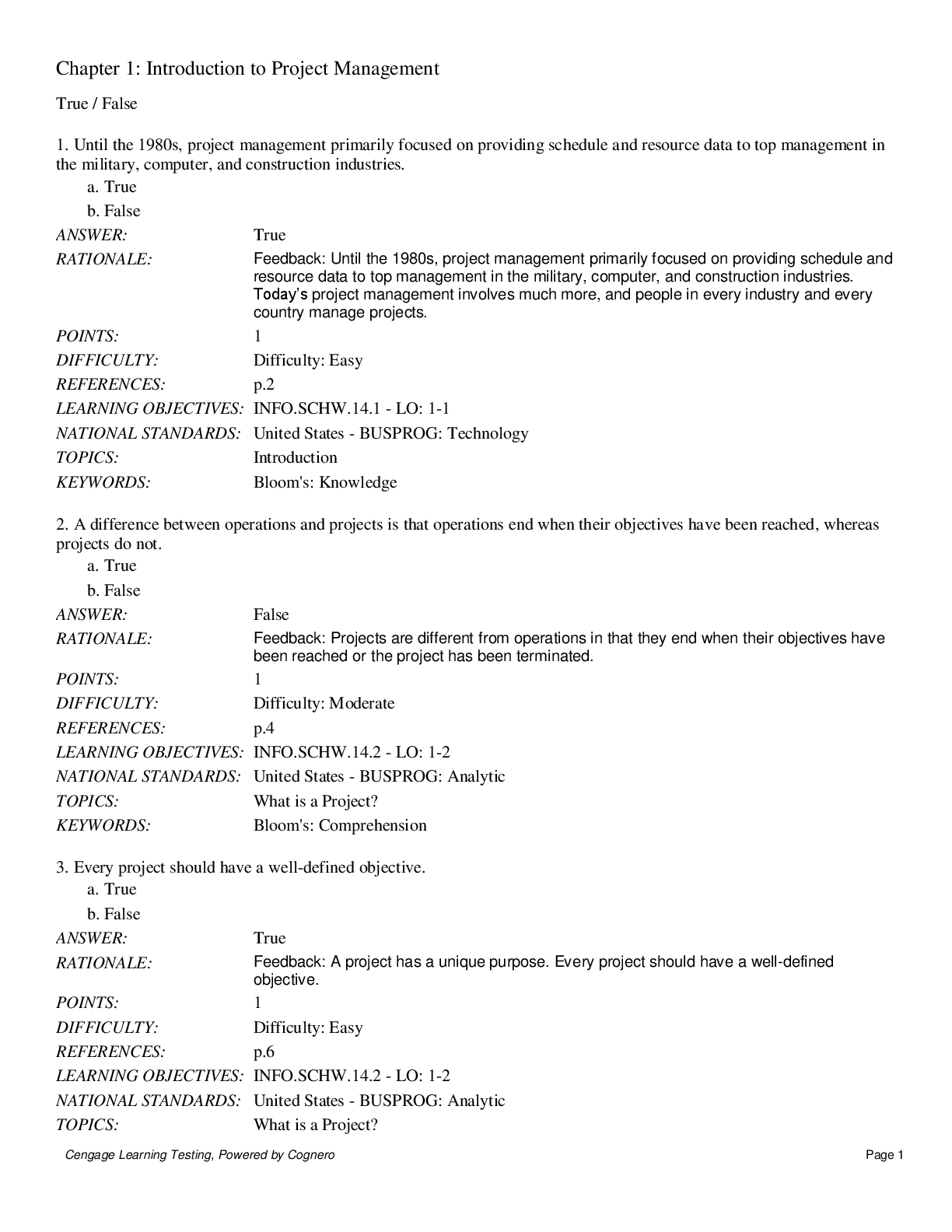Recommended document preview for TEST BANK for Information Technology Project Management, 8the Edition by Schwalbe. Chapters 1-13. Q&A and Rationale..