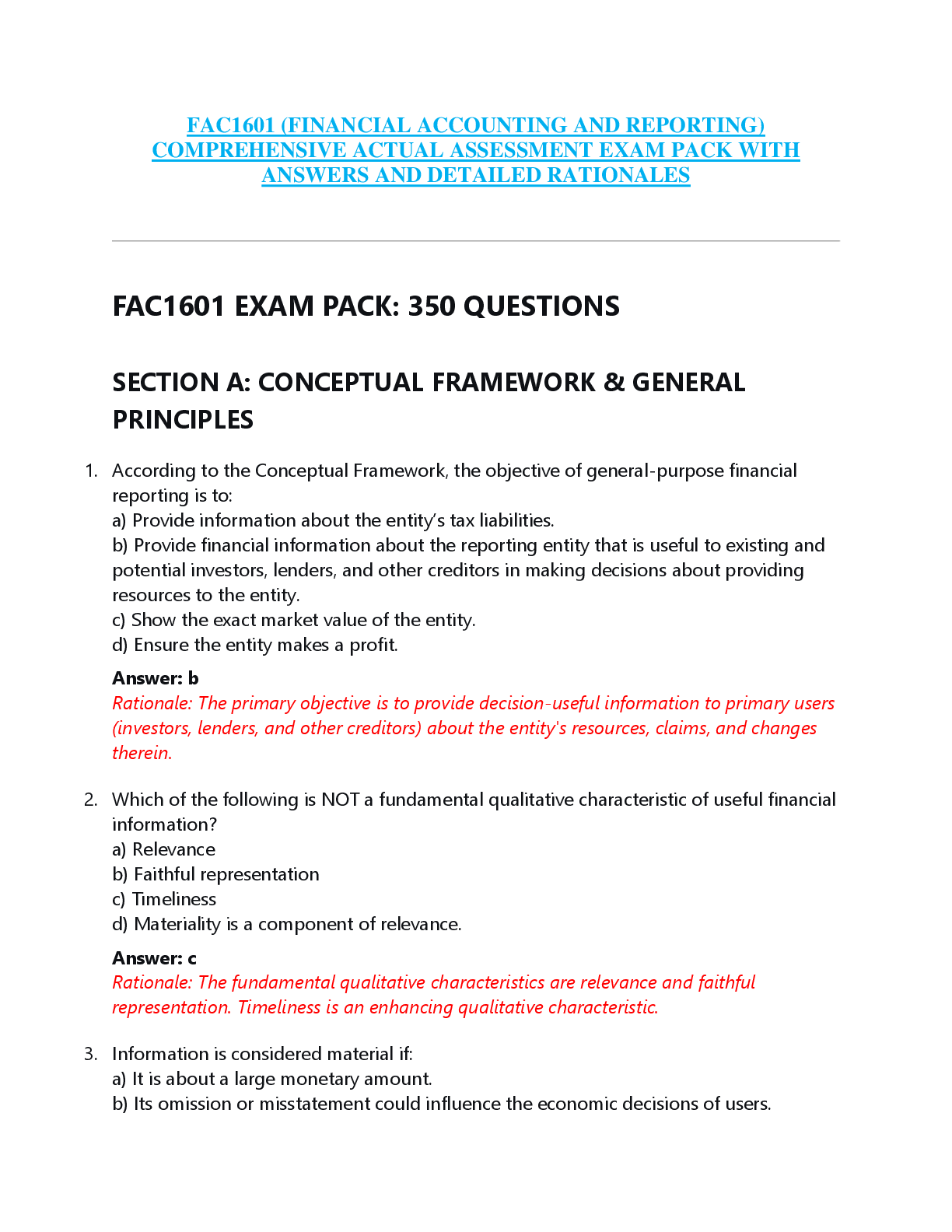 FAC1601 (FINANCIAL ACCOUNTING AND REPORTING)  COMPREHENSIVE ACTUAL ASSESSMENT EXAM PACK WITH  ANSWERS AND DETAILED RATIONALES