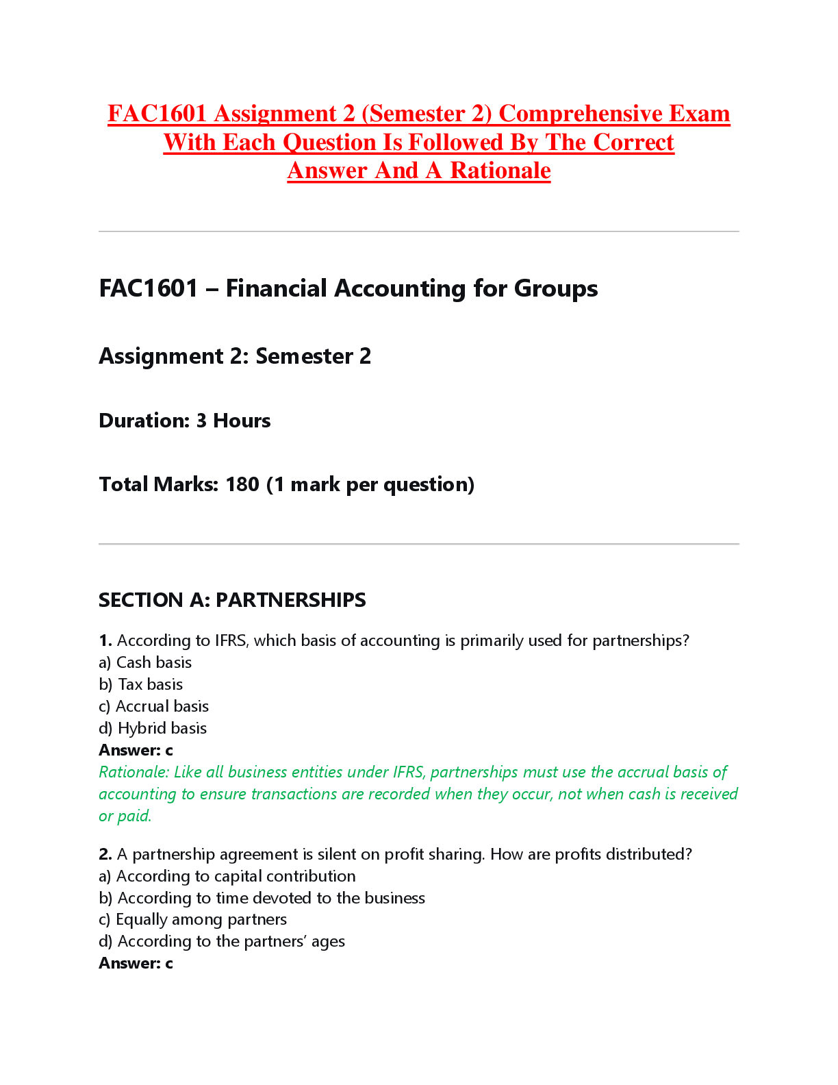 Recommended document preview for FAC1601 Assignment 2 (Semester 2) Comprehensive Exam  With Each Question Is Followed By The Correct  Answer And A Rationale