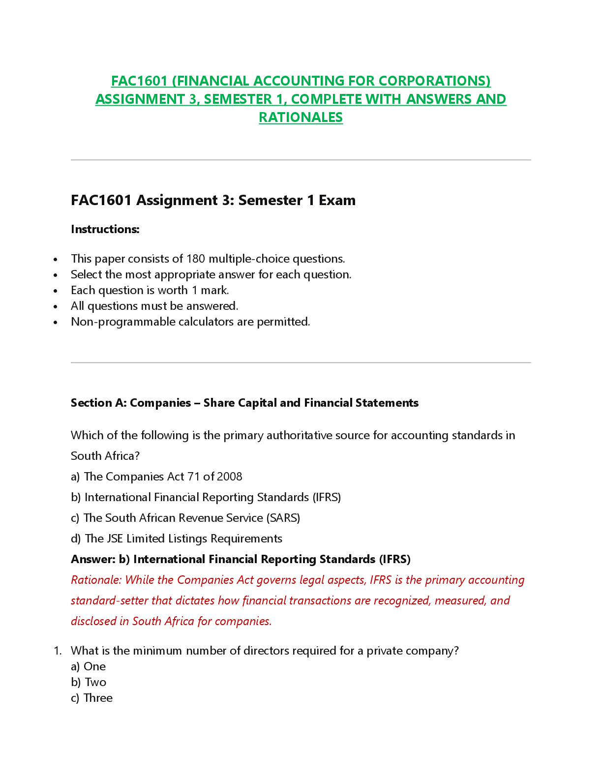 FAC1601 (FINANCIAL ACCOUNTING FOR CORPORATIONS)  ASSIGNMENT 3, SEMESTER 1, COMPLETE WITH ANSWERS AND  RATIONALES