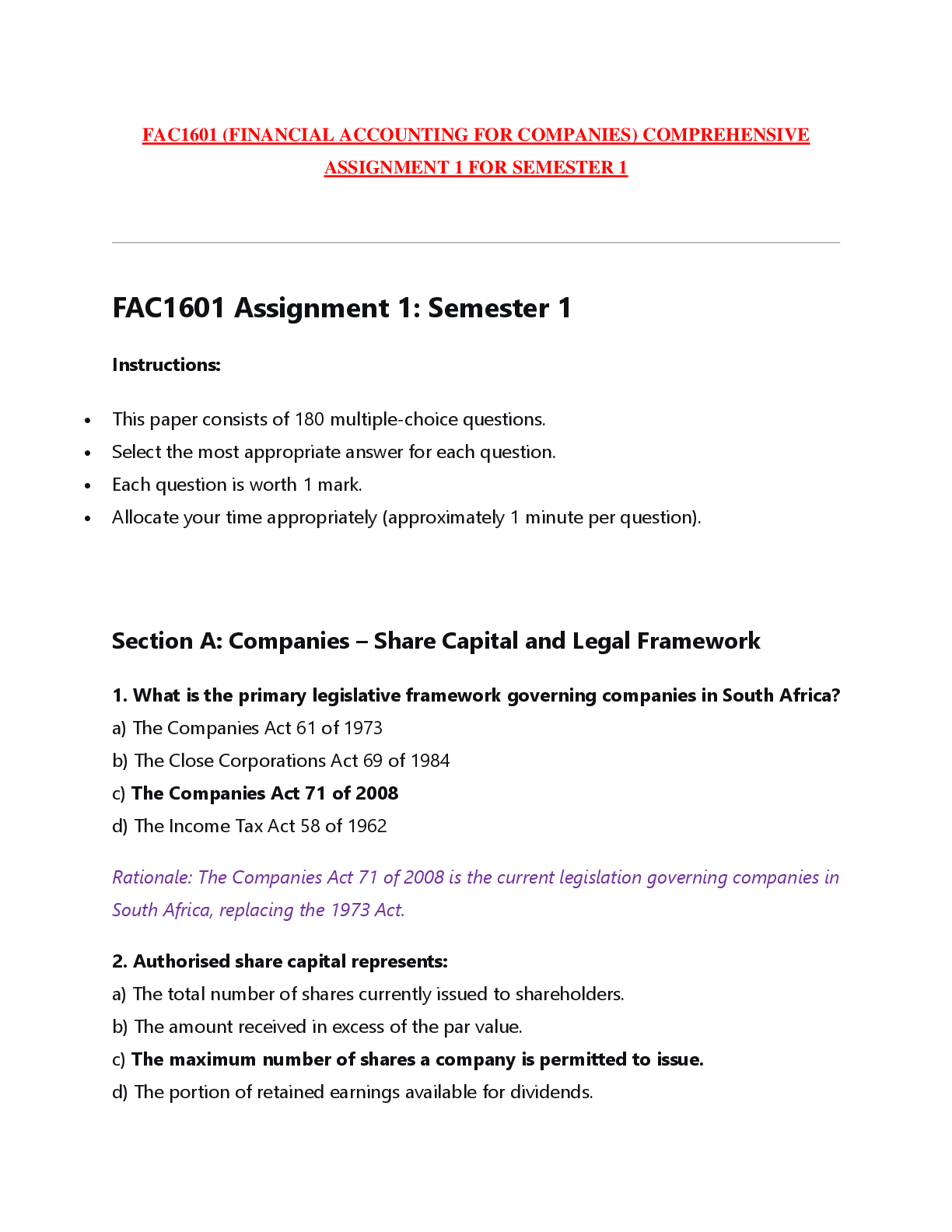 Recommended document preview for FAC1601 (FINANCIAL ACCOUNTING FOR COMPANIES) COMPREHENSIVE  ASSIGNMENT 1 FOR SEMESTER 1