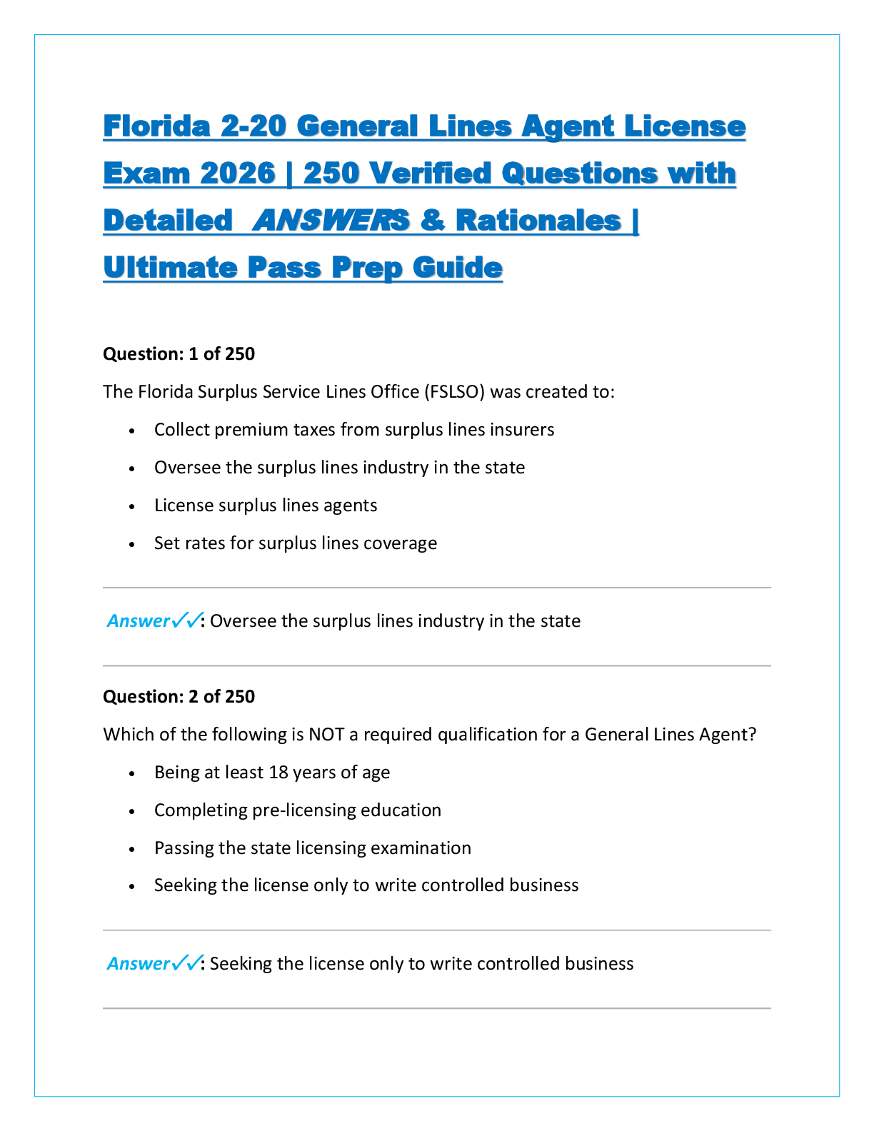 Preview of Florida 2-20 General Lines Agent License Exam 2026 | 250 Verified Questions with Detailed