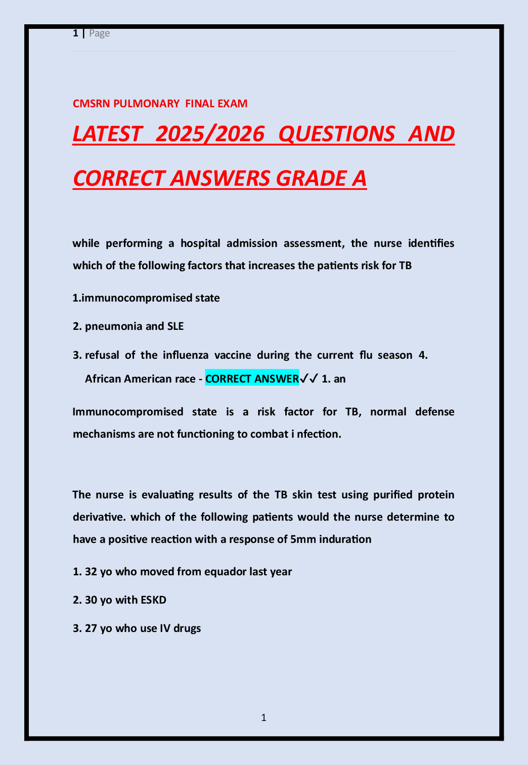 Preview of CMSRN PULMONARY  FINAL EXAM   LATEST 2025/2026 QUESTIONS AND  CORRECT ANSWERS GRADE A