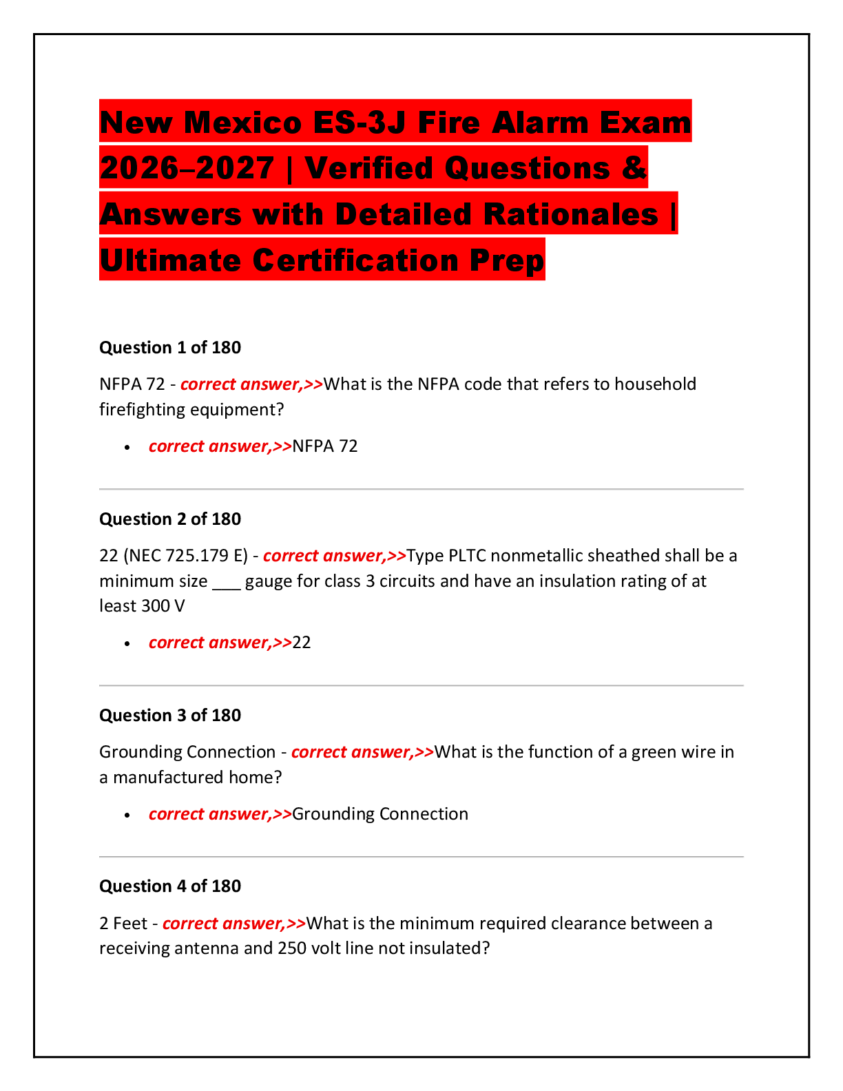 Recommended document preview for New Mexico ES-3J Fire Alarm Exam 2026–2027 | Verified Questions & Answers with Detailed Rationales | Ultimate Certification Prep