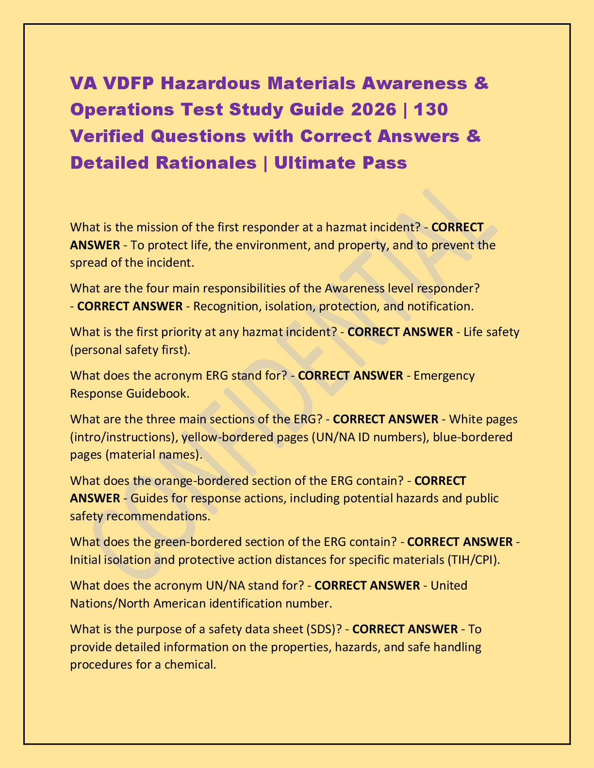 Preview of VA VDFP Hazardous Materials Awareness & Operations Test Study Guide 2026 | 130 Verified Qu
