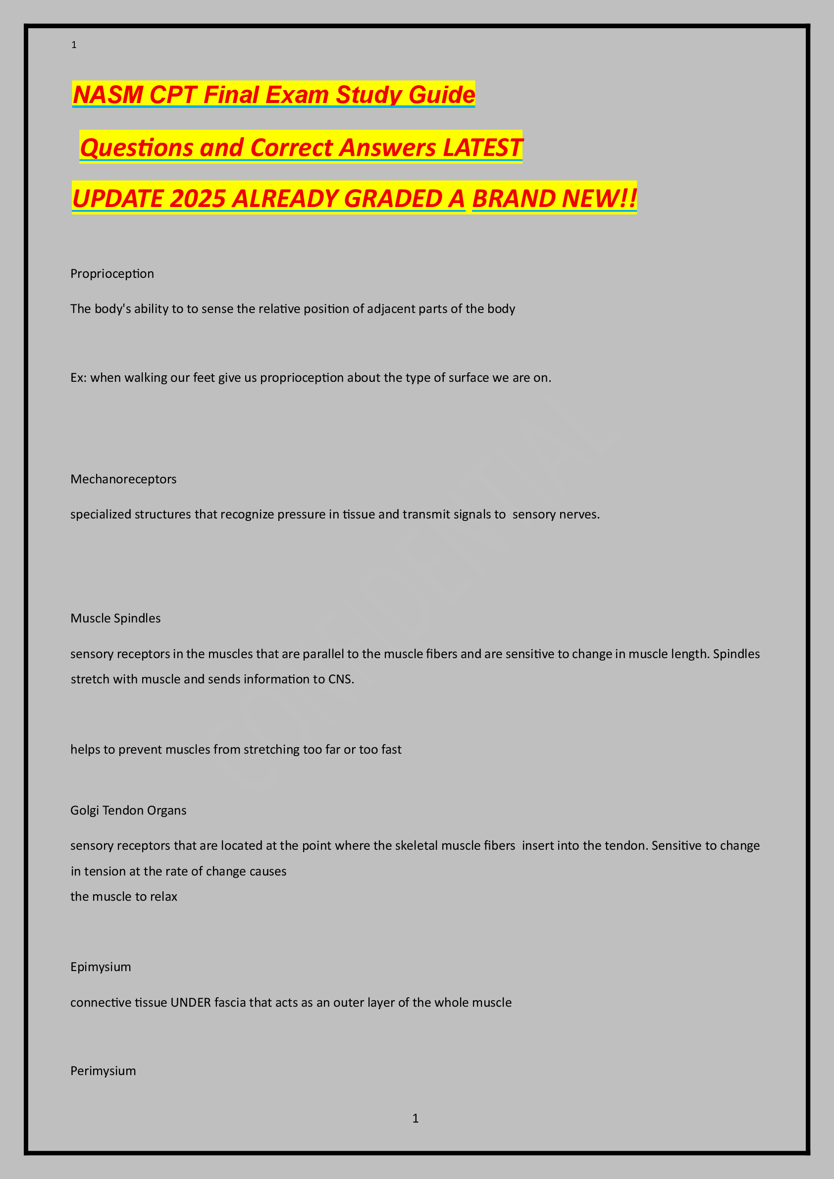 Preview of NASM CPT Final Exam Study Guide Questions and Correct Answers LATEST UPDATE 2025 ALREADY GRADED A BRAND NEW!!