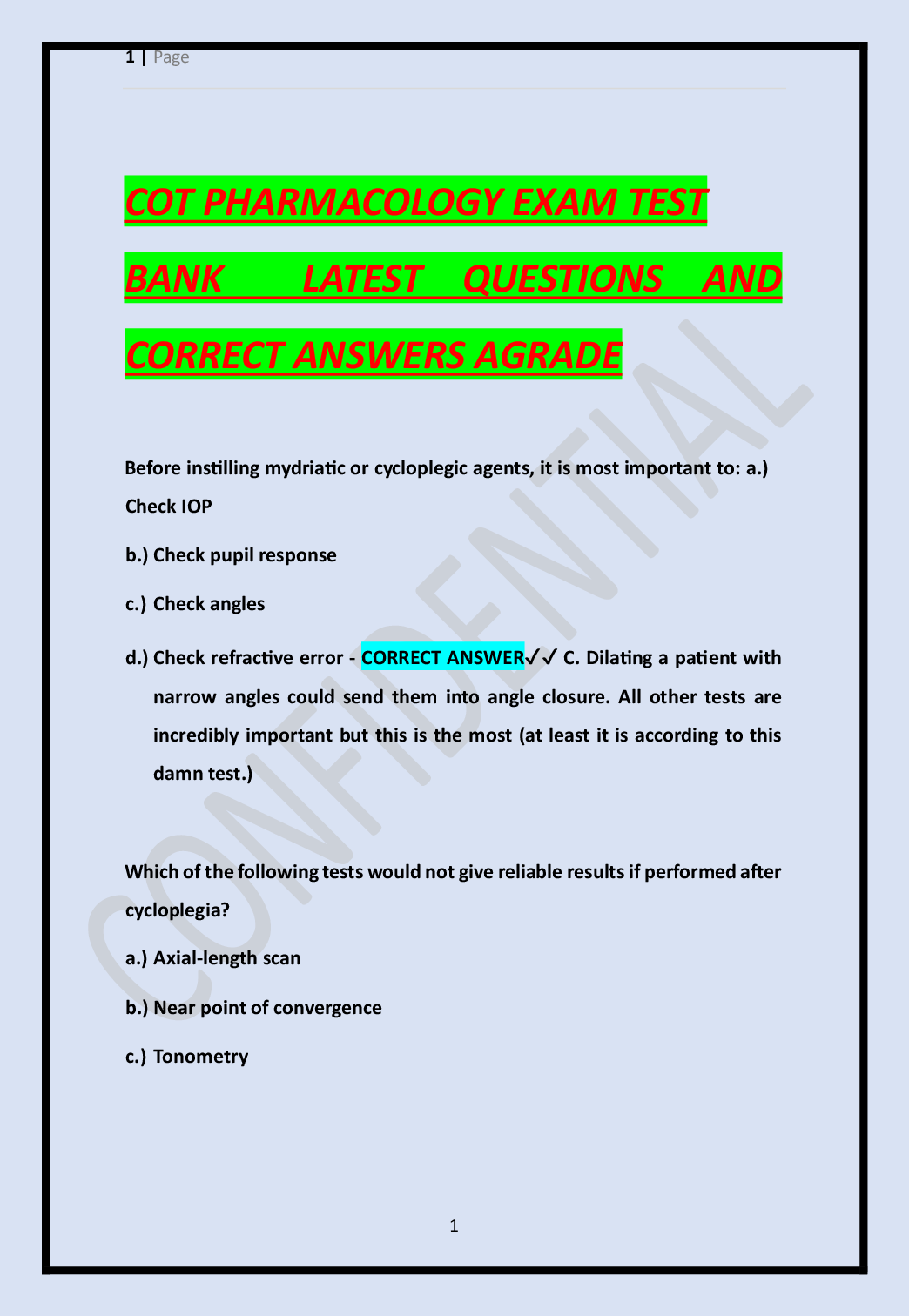 Preview image for COT PHARMACOLOGY EXAM TEST   BANK   LATEST QUESTIONS AND  CORRECT ANSWERS AGRADE