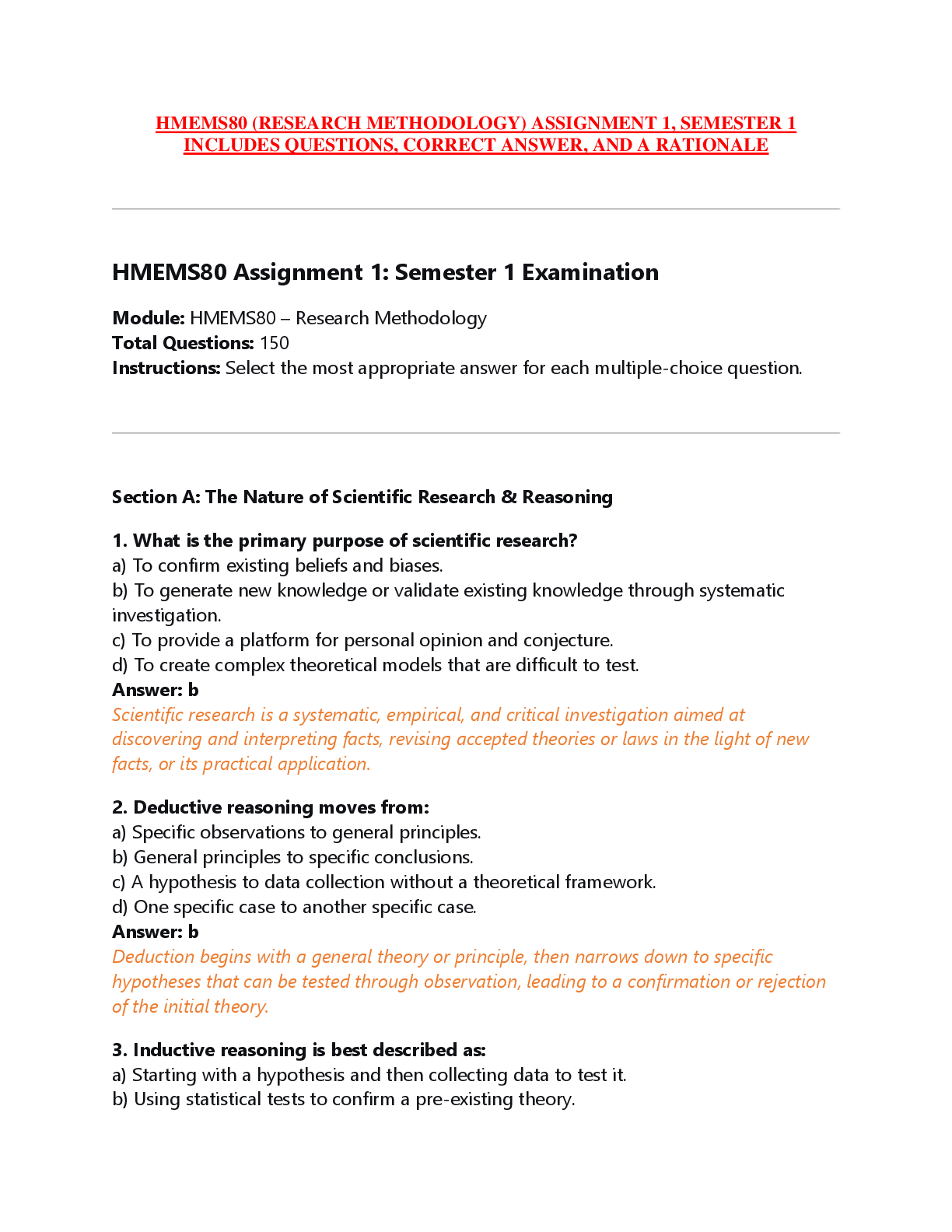 Preview of HMEMS80 (RESEARCH METHODOLOGY) ASSIGNMENT 1, SEMESTER 1  INCLUDES QUESTIONS, CORRECT ANSWE