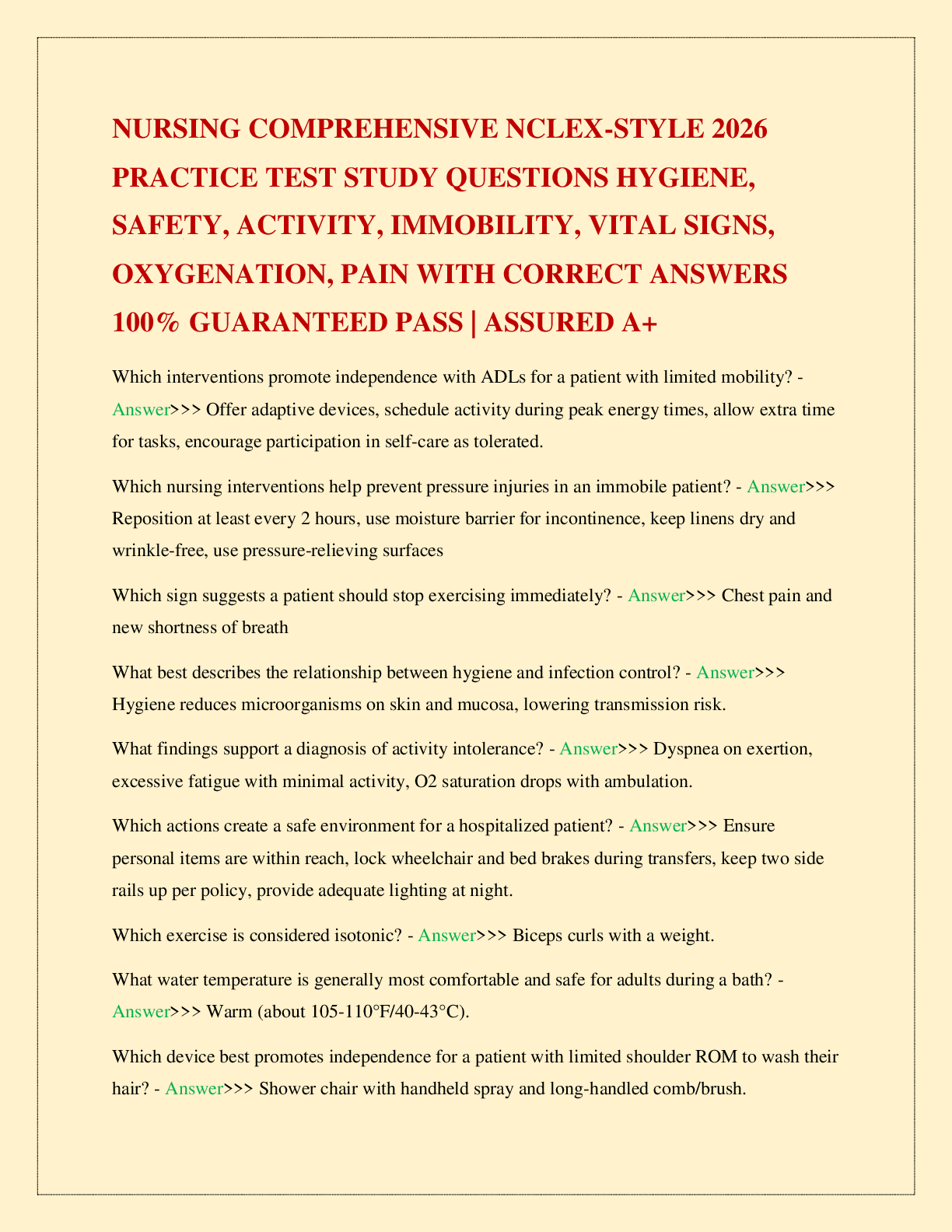 NURSING COMPREHENSIVE NCLEX-STYLE 2026 PRACTICE TEST STUDY QUESTIONS HYGIENE, SAFETY, ACTIVITY, IMMOBILITY, VITAL SIGNS, OXYGENATION, PAIN WITH CORRECT ANSWERS 100% GUARANTEED PASS | ASSURED A+