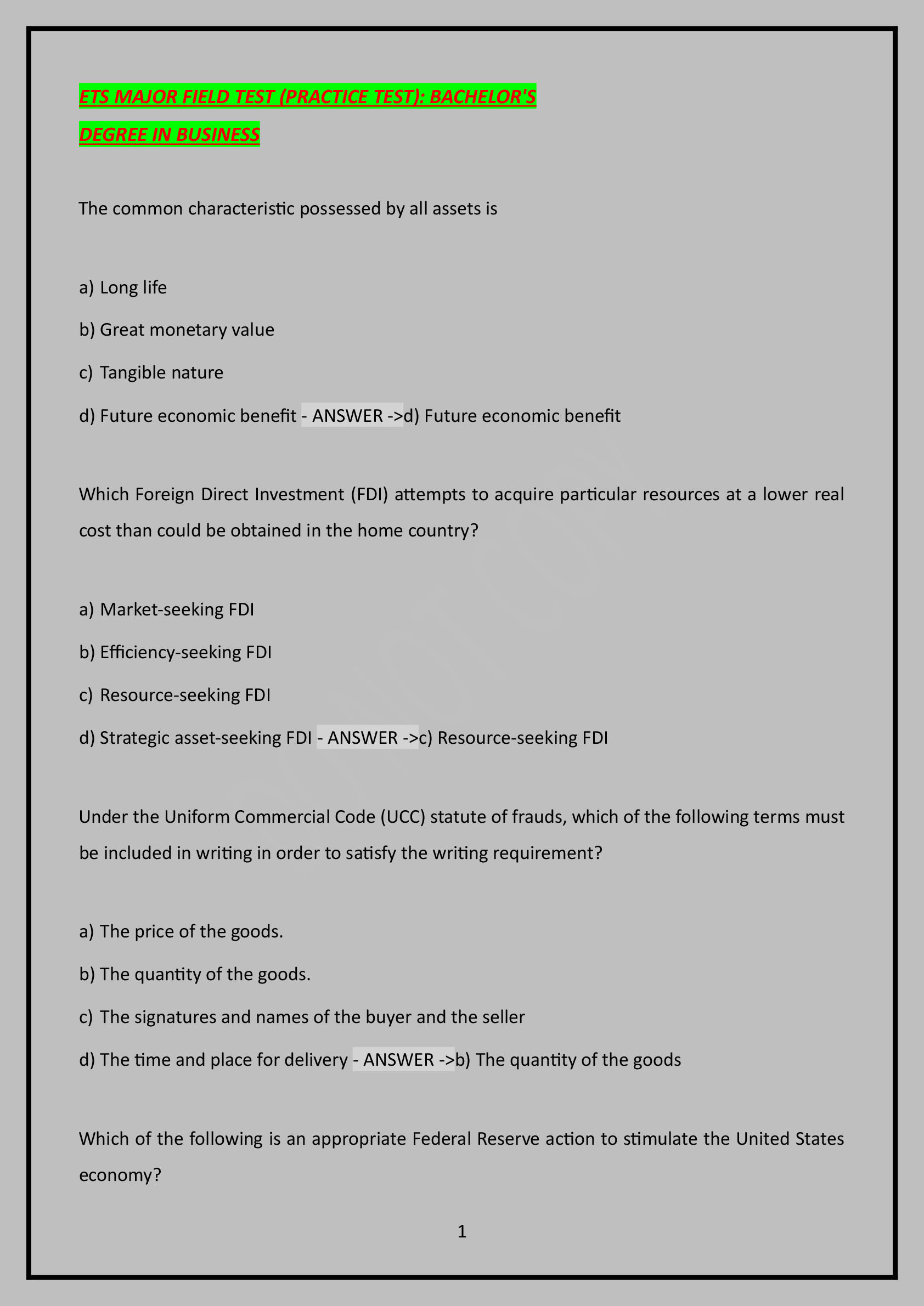 Preview of ETS MAJOR FIELD TEST (PRACTICE TEST): BACHELOR'S   DEGREE IN BUSINESS