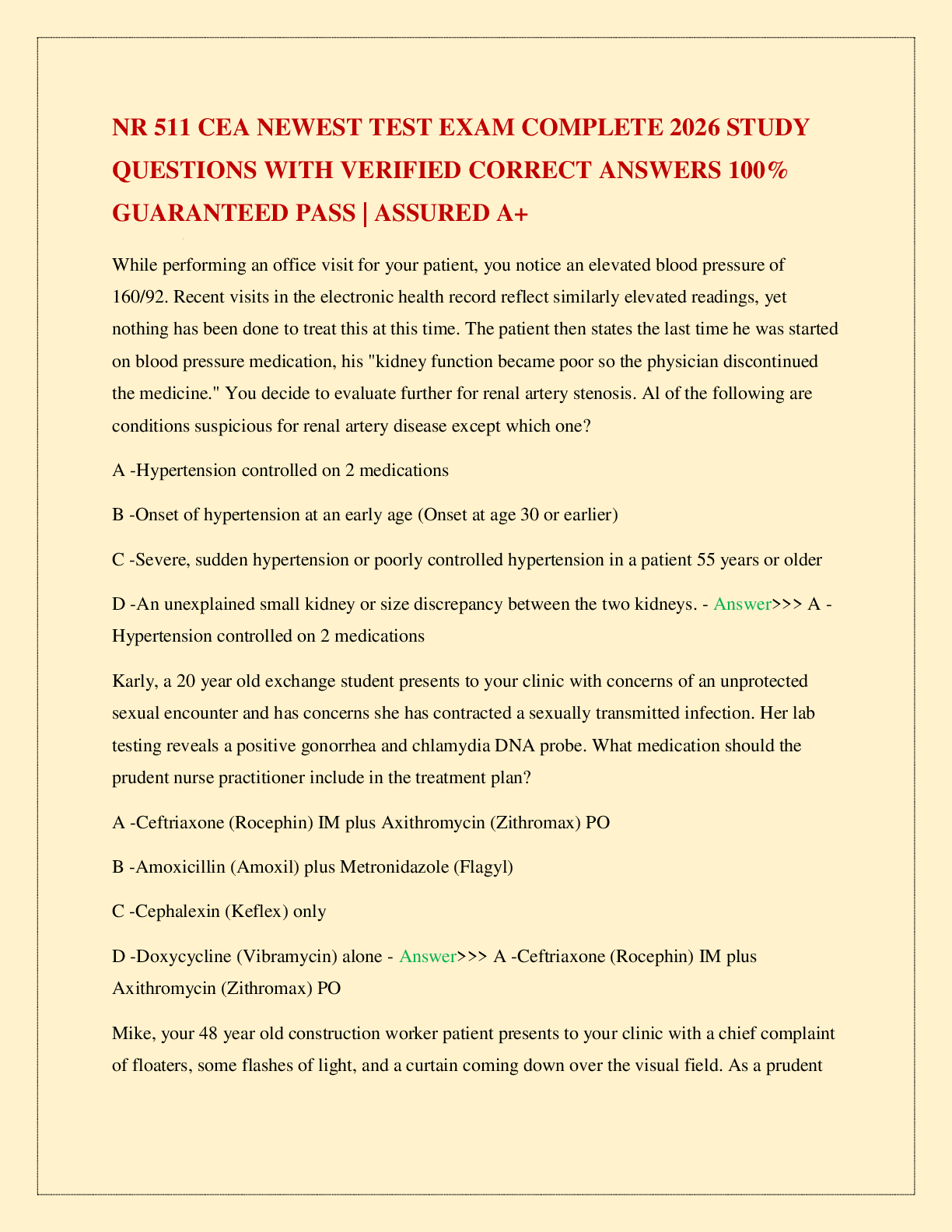 Recommended document preview for NR 511 CEA NEWEST TEST EXAM COMPLETE 2026 STUDY QUESTIONS WITH VERIFIED CORRECT ANSWERS 100% GUARANTEED PASS | ASSURED A+