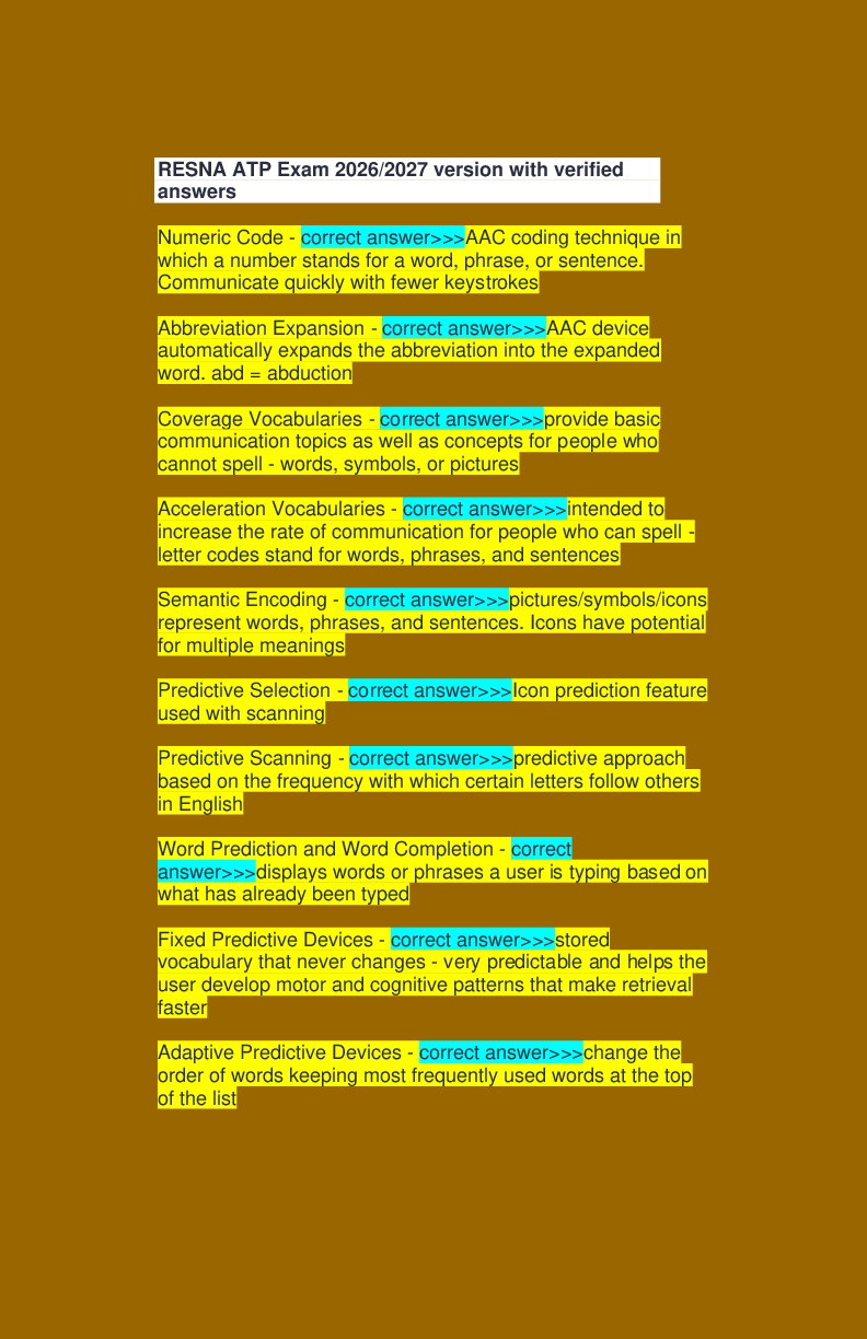 Preview of RESNA ATP Exam 2026/2027 version with verified answers