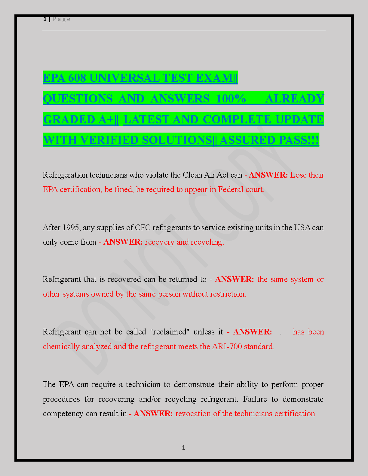 Preview of EPA 608 UNIVERSAL TEST EXAM||   QUESTIONS AND ANSWERS 100%   ALREADY  GRADED A+|| LATEST A