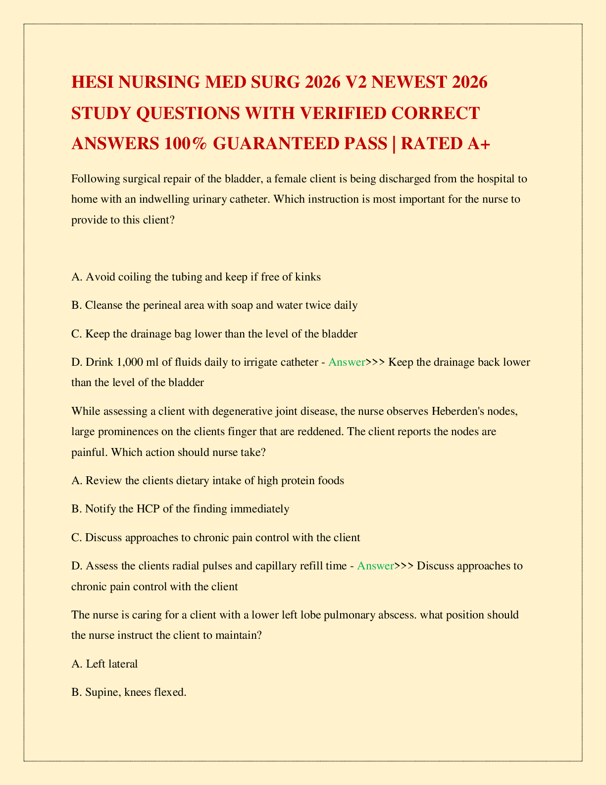 HESI NURSING MED SURG 2026 V2 NEWEST 2026 STUDY QUESTIONS WITH VERIFIED CORRECT ANSWERS 100% GUARANTEED PASS | RATED A+