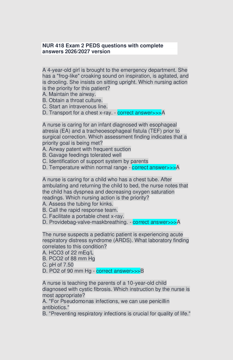 Preview of NUR 418 Exam 2 PEDS questions with complete answers 2026/2027 version