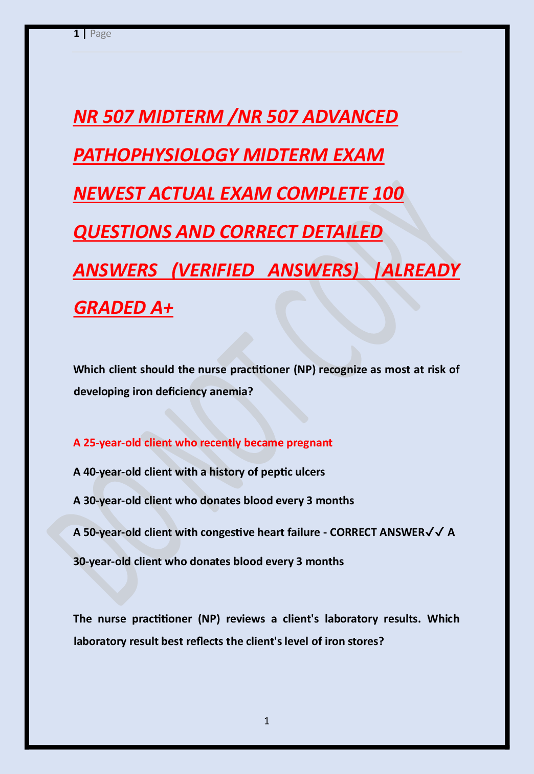 Recommended document preview for NR 507 MIDTERM /NR 507 ADVANCED   PATHOPHYSIOLOGY MIDTERM EXAM   NEWEST ACTUAL EXAM COMPLETE 100   QUESTIONS AND CORRECT DETAILED   ANSWERS (VERIFIED ANSWERS) |ALREADY  GRADED A+