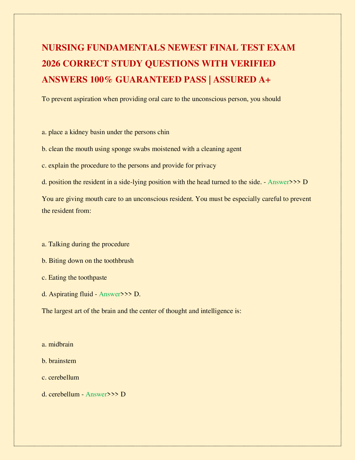 Recommended document preview for NURSING FUNDAMENTALS NEWEST FINAL TEST EXAM 2026 CORRECT STUDY QUESTIONS WITH VERIFIED ANSWERS 100% GUARANTEED PASS | ASSURED A+