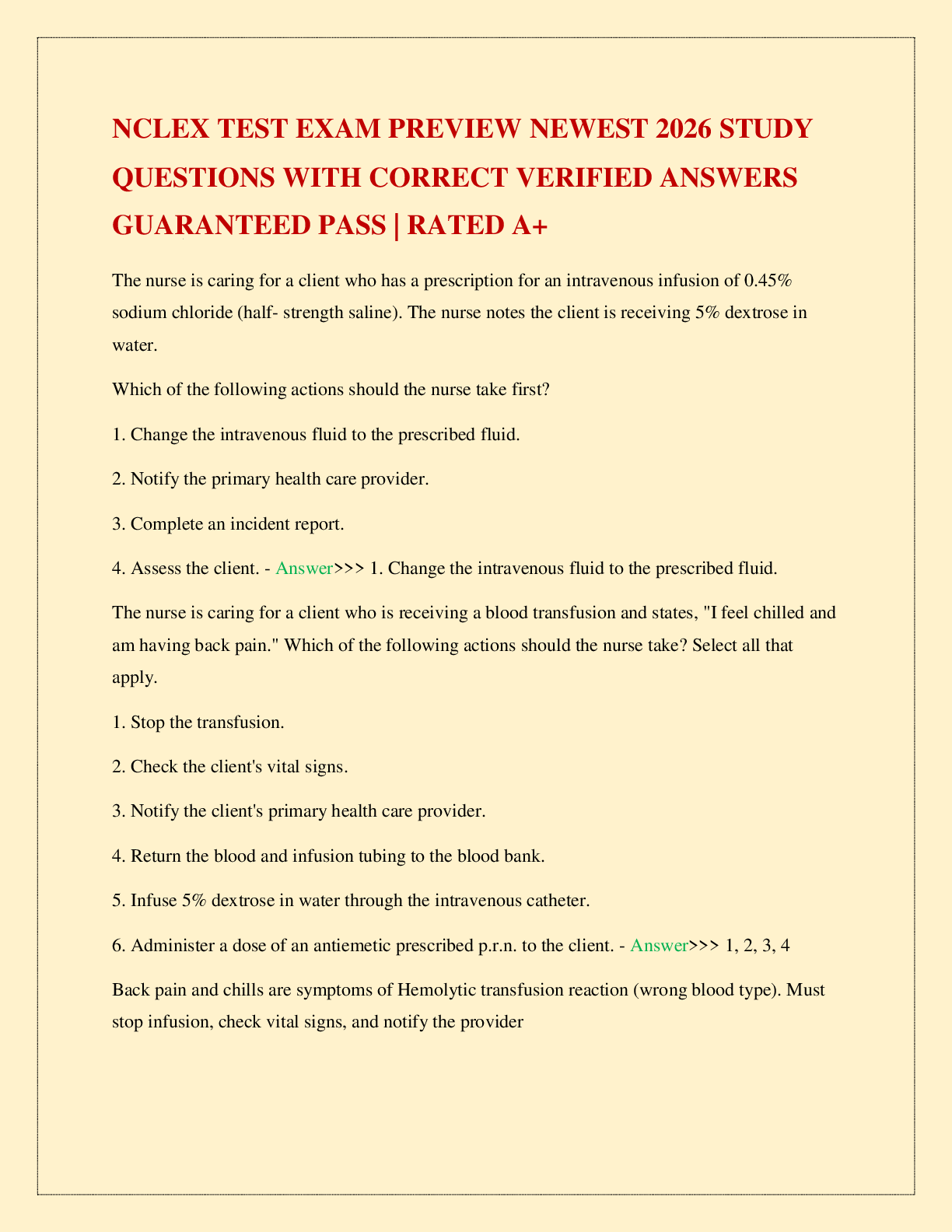Recommended document preview for NCLEX TEST EXAM PREVIEW NEWEST 2026 STUDY QUESTIONS WITH CORRECT VERIFIED ANSWERS GUARANTEED PASS | RATED A+