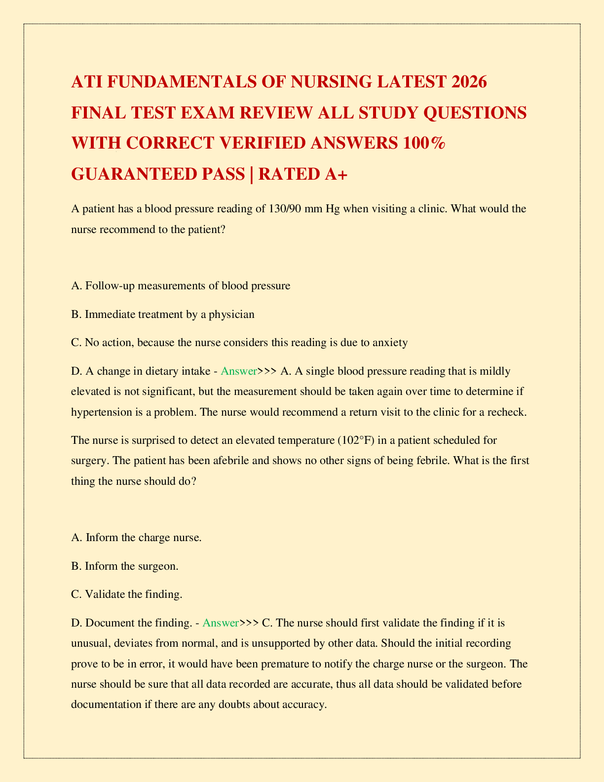 Recommended document preview for ATI FUNDAMENTALS OF NURSING LATEST 2026 FINAL TEST EXAM REVIEW ALL STUDY QUESTIONS WITH CORRECT VERIFIED ANSWERS 100% GUARANTEED PASS | RATED A+