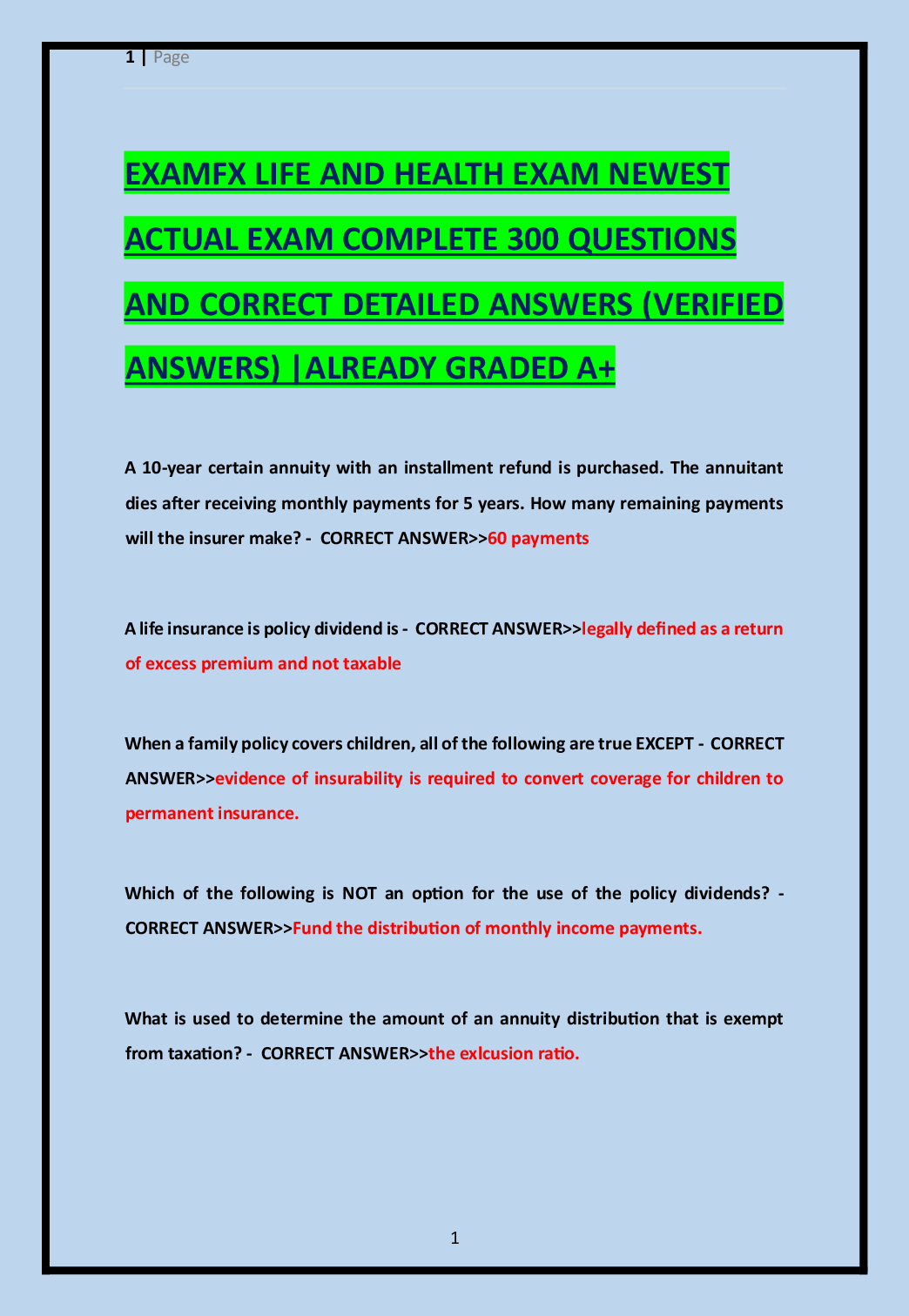 Preview image for EXAMFX LIFE AND HEALTH EXAM NEWEST   ACTUAL EXAM COMPLETE 300 QUESTIONS   AND CORRECT DETAILED ANSWERS (VERIFIED  ANSWERS) |ALREADY GRADED A+