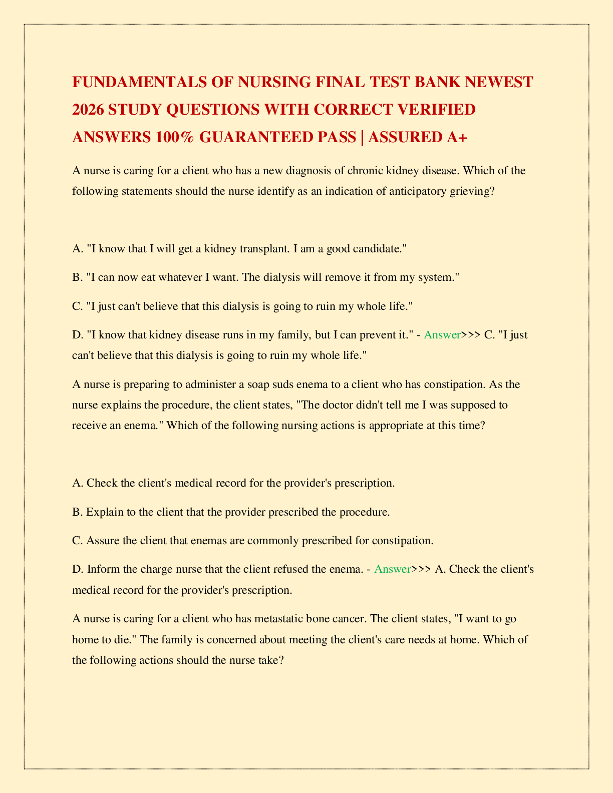 Recommended document preview for FUNDAMENTALS OF NURSING FINAL TEST BANK NEWEST 2026 STUDY QUESTIONS WITH CORRECT VERIFIED ANSWERS 100% GUARANTEED PASS | ASSURED A+