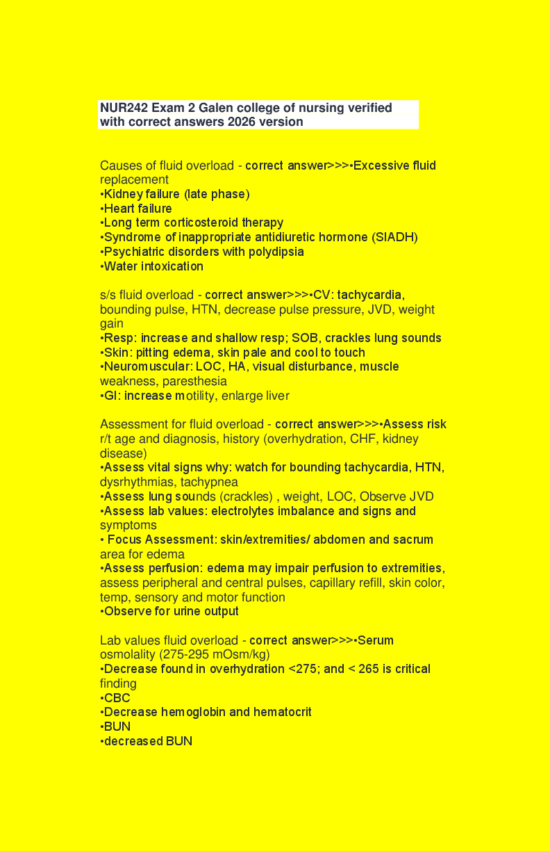 Recommended document preview for NUR242 Exam 2 Galen college of nursing verified with correct answers 2026 version