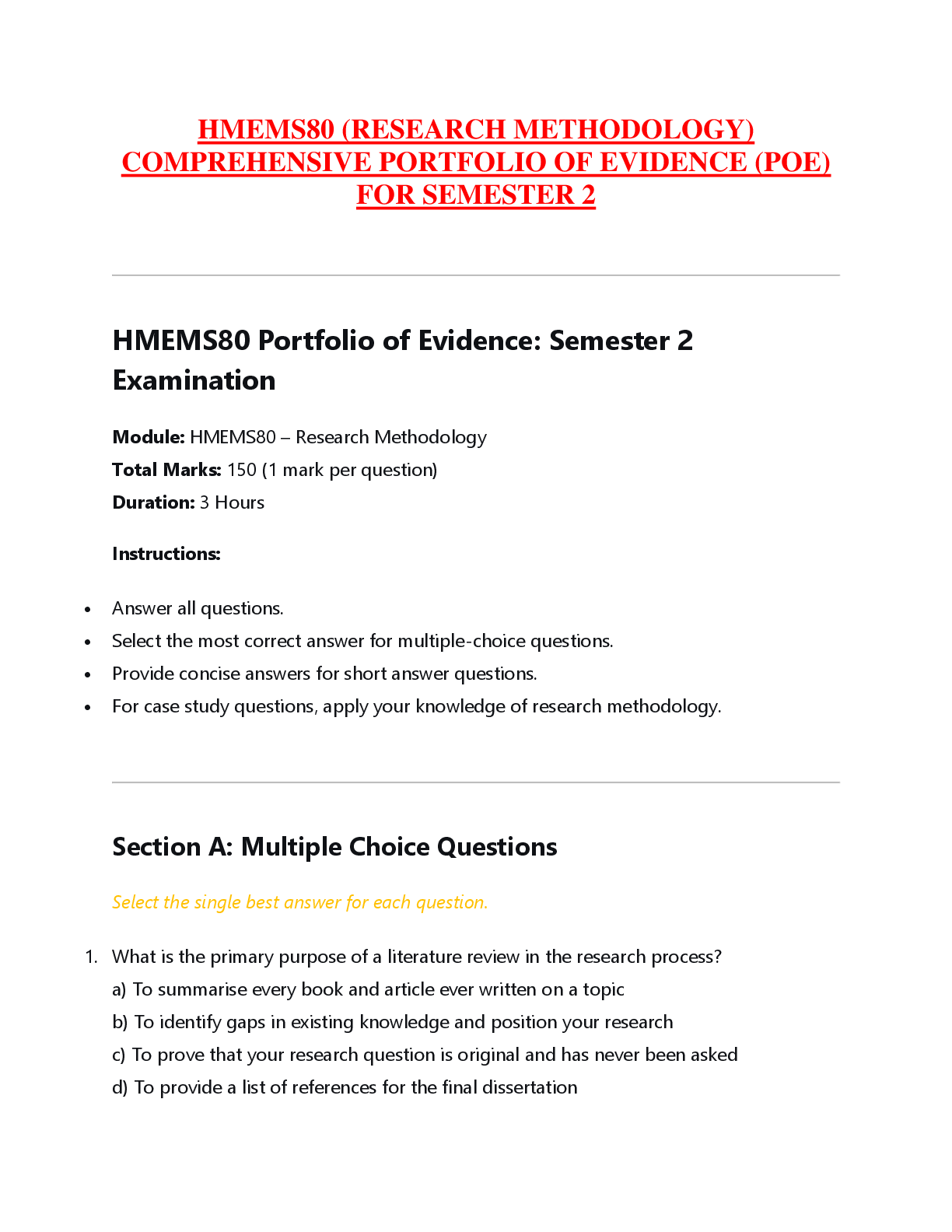Preview of HMEMS80 (RESEARCH METHODOLOGY)  COMPREHENSIVE PORTFOLIO OF EVIDENCE (POE)  FOR SEMESTER 2