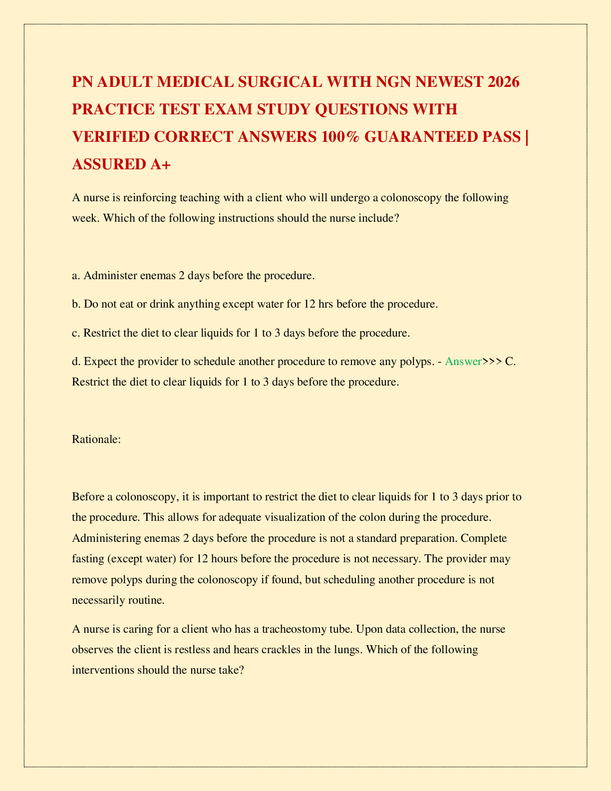 Recommended document preview for PN ADULT MEDICAL SURGICAL WITH NGN NEWEST 2026 PRACTICE TEST EXAM STUDY QUESTIONS WITH VERIFIED CORRECT ANSWERS 100% GUARANTEED PASS | ASSURED A+