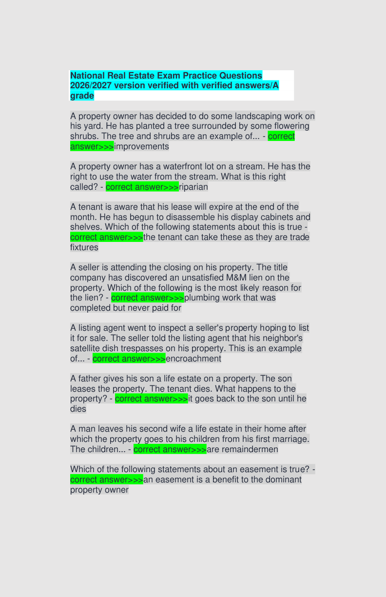 Preview of National Real Estate Exam Practice Questions 2026/2027 version verified with verified answers/A grade