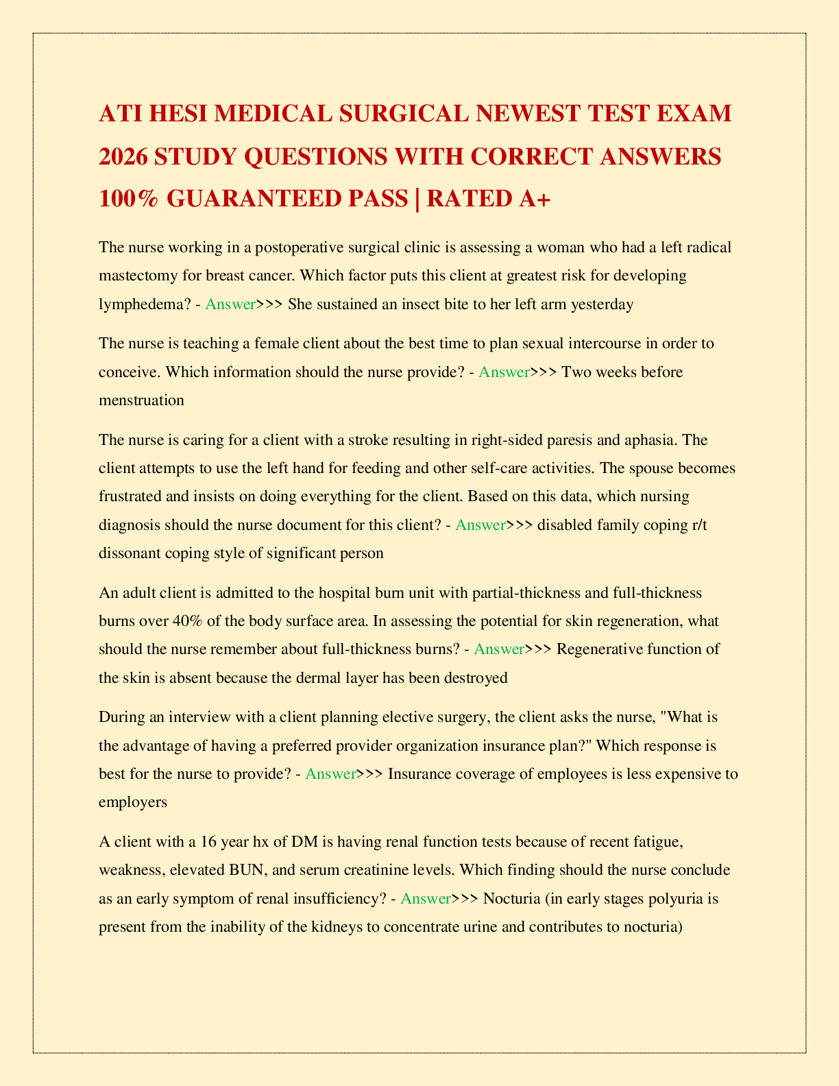 Preview of ATI HESI MEDICAL SURGICAL NEWEST TEST EXAM 2026 STUDY QUESTIONS WITH CORRECT ANSWERS 100% GUARANTEED PASS | RATED A+