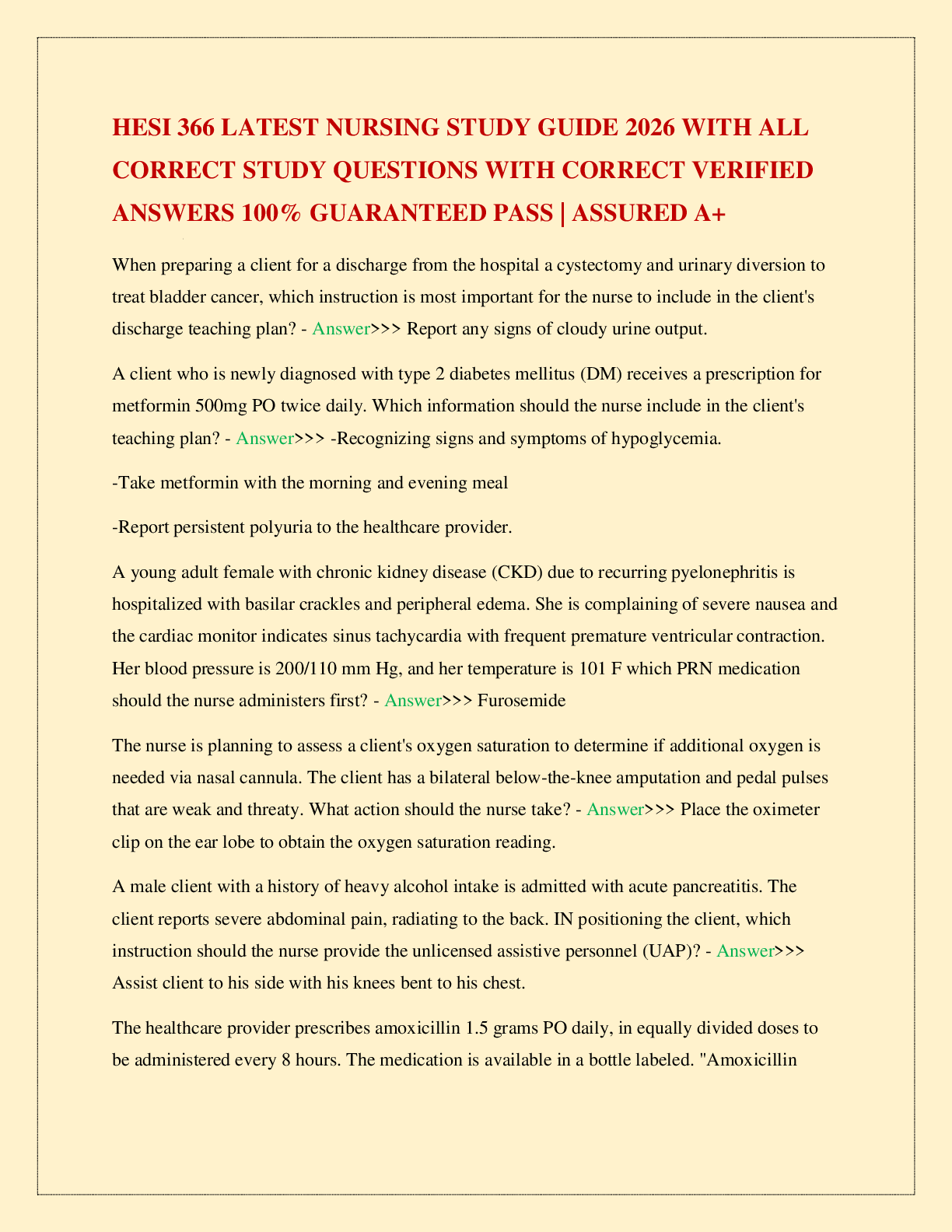 Recommended document preview for HESI 366 LATEST NURSING STUDY GUIDE 2026 WITH ALL CORRECT STUDY QUESTIONS WITH CORRECT VERIFIED ANSWERS 100% GUARANTEED PASS | ASSURED A+