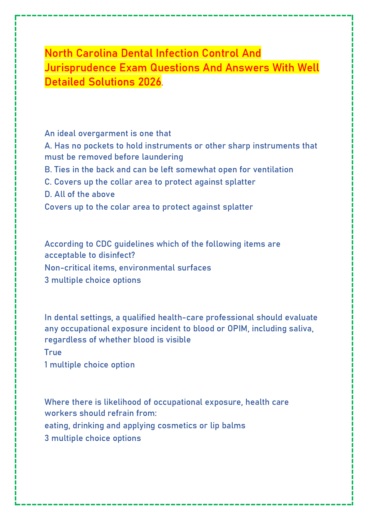 North Carolina Dental Infection Control And Jurisprudence Exam Questions And Answers With Well Detailed Solutions 2026.
