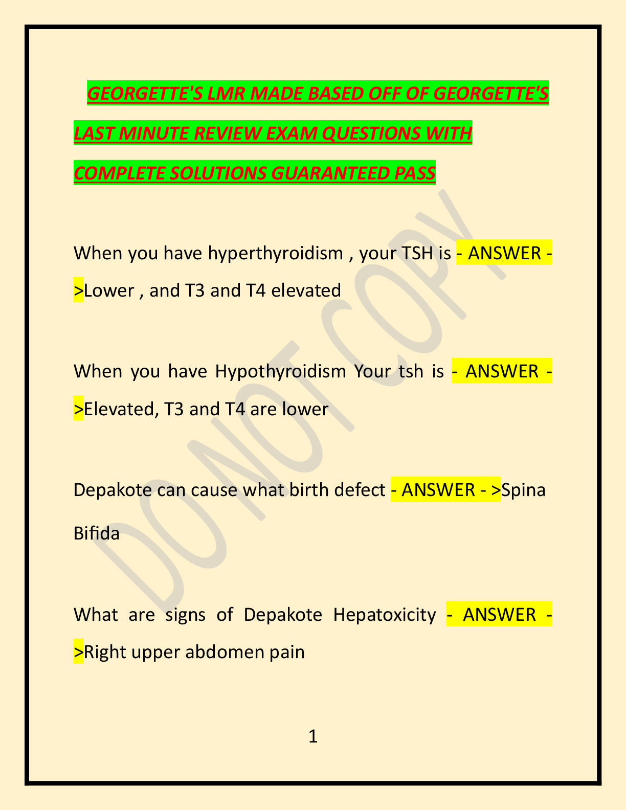 Preview image for GEORGETTE'S LMR MADE BASED OFF OF GEORGETTE'S   LAST MINUTE REVIEW EXAM QUESTIONS WITH   COMPLETE SOLUTIONS GUARANTEED PASS