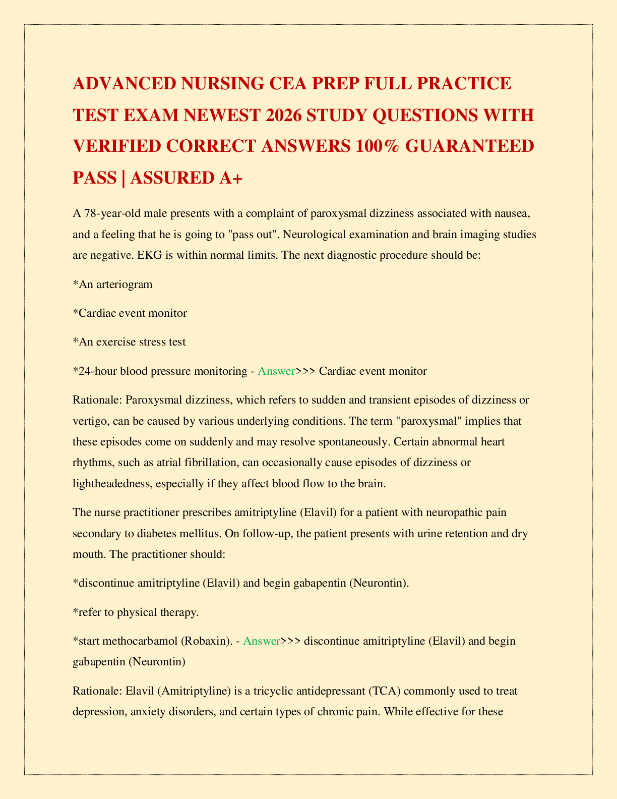Recommended document preview for ADVANCED NURSING CEA PREP FULL PRACTICE TEST EXAM NEWEST 2026 STUDY QUESTIONS WITH VERIFIED CORRECT ANSWERS 100% GUARANTEED PASS | ASSURED A+