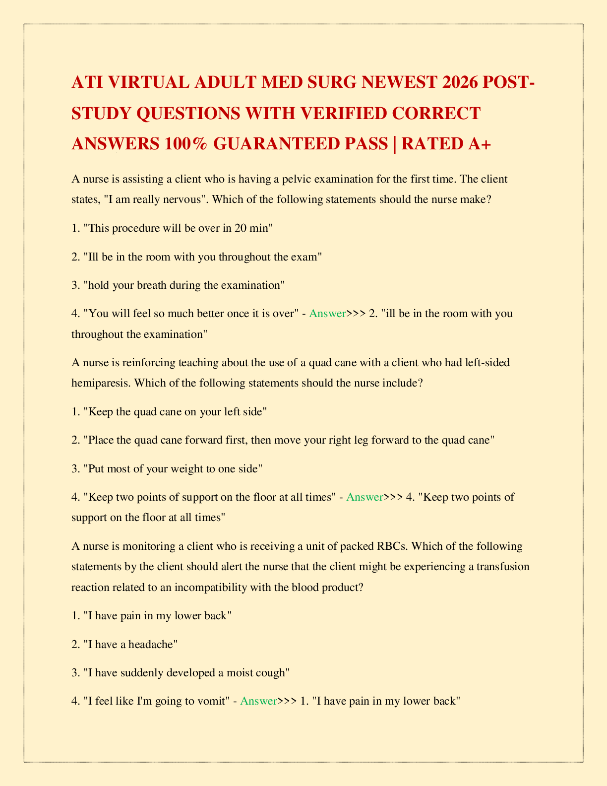 Recommended document preview for ATI VIRTUAL ADULT MED SURG NEWEST 2026 POST-STUDY QUESTIONS WITH VERIFIED CORRECT ANSWERS 100% GUARANTEED PASS | RATED A+