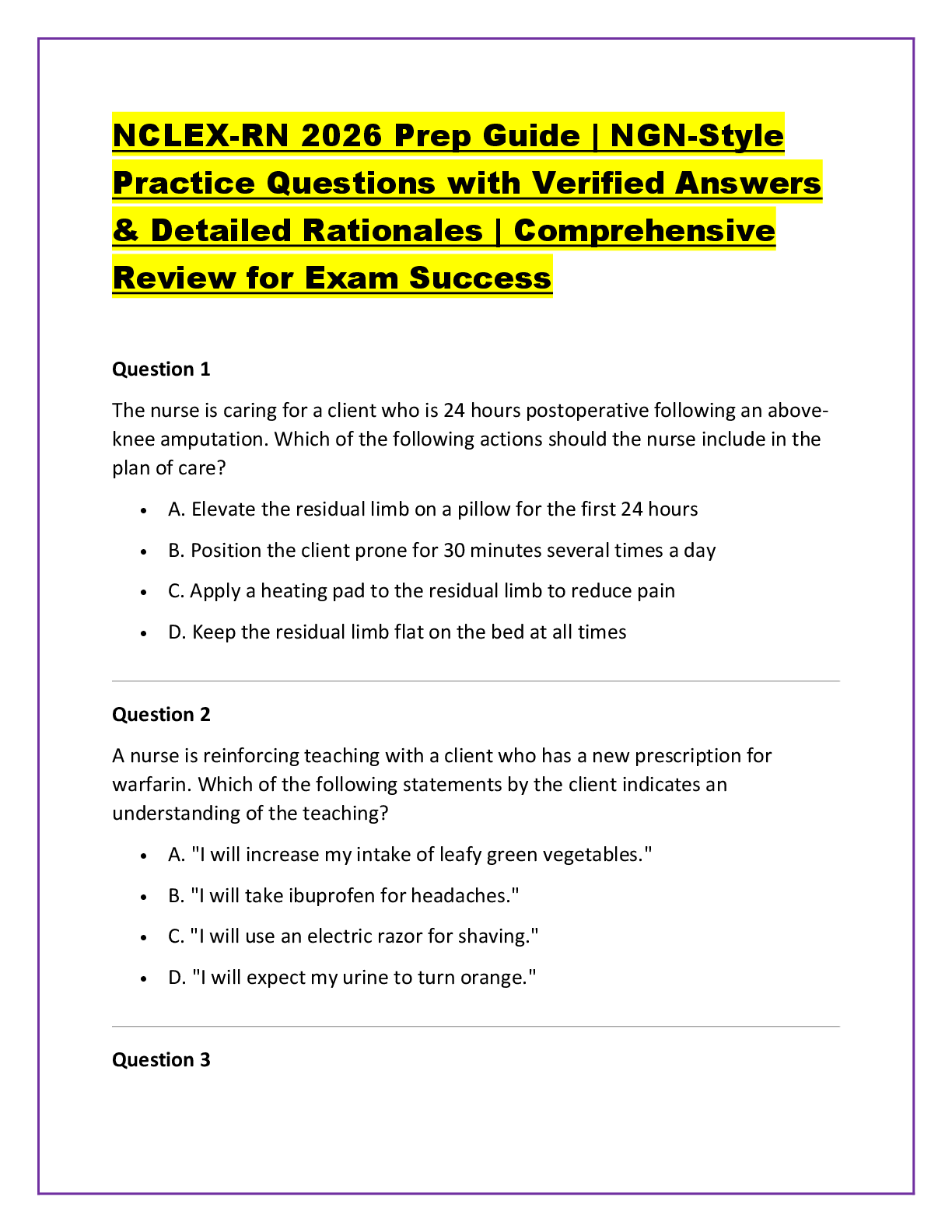 Recommended document preview for NCLEX-RN 2026 Prep Guide | NGN-Style Practice Questions with Verified Answers & Detailed Rationales | Comprehensive Review for Exam Success