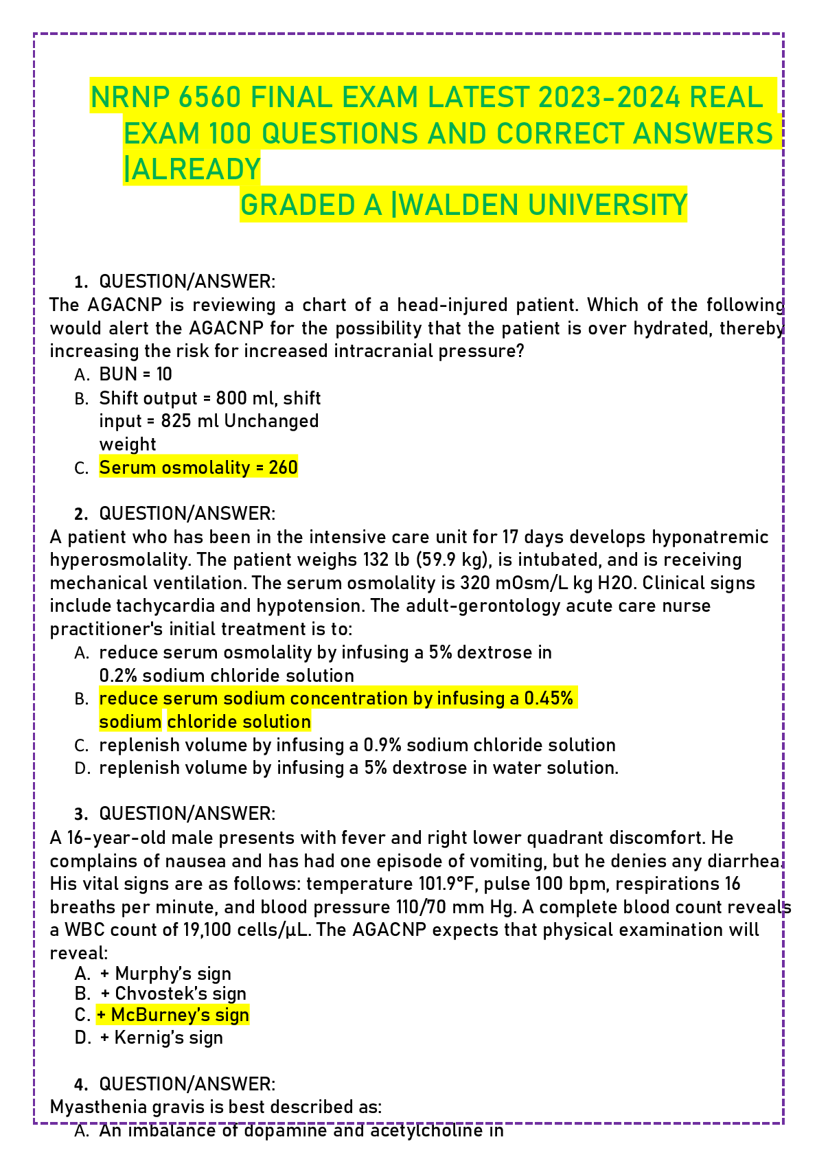 Recommended document preview for NRNP 6560 FINAL EXAM LATEST 2023-2024 REAL EXAM 100 QUESTIONS AND CORRECT ANSWERS |ALREADY GRADED A |WALDEN UNIVERSITY