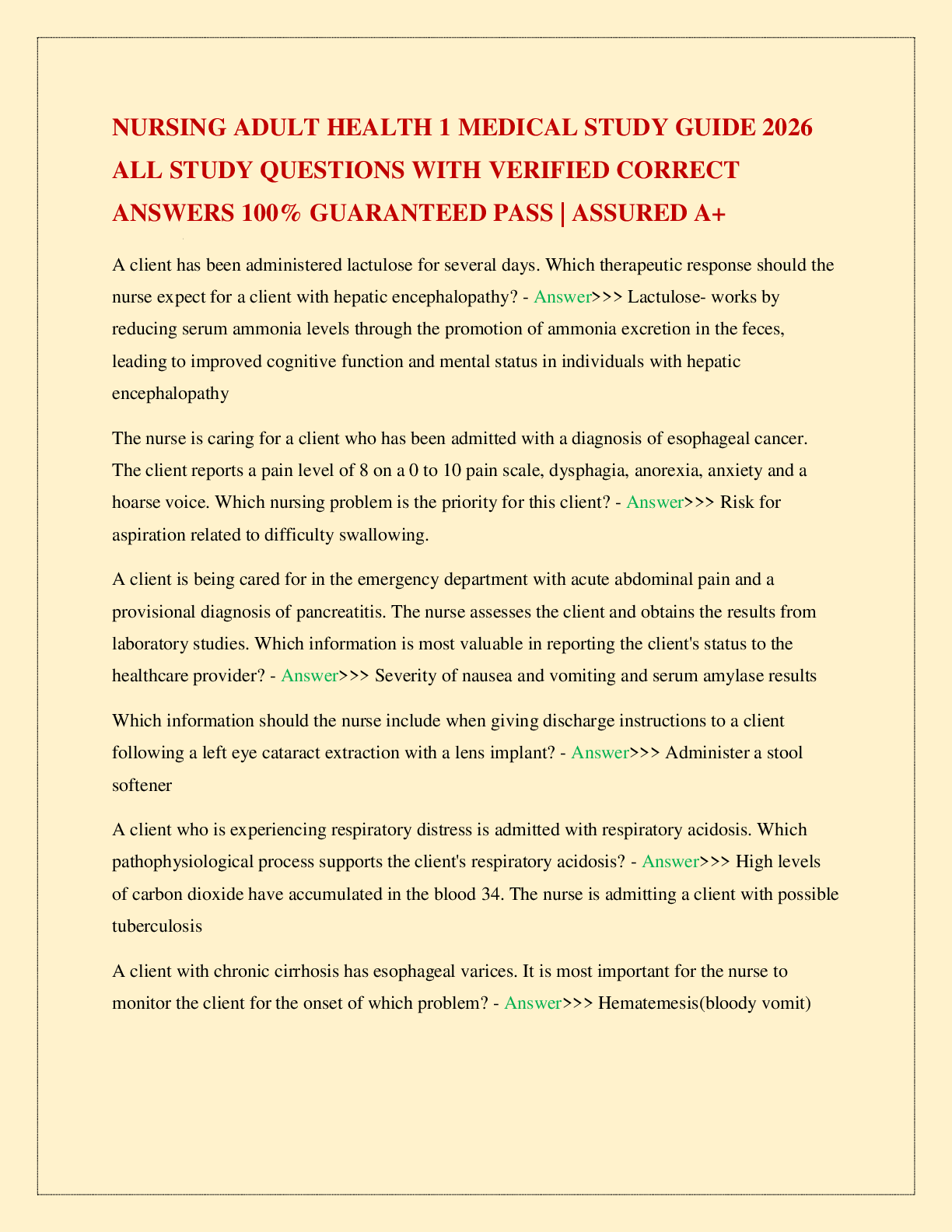 Recommended document preview for NURSING ADULT HEALTH 1 MEDICAL STUDY GUIDE 2026 ALL STUDY QUESTIONS WITH VERIFIED CORRECT ANSWERS 100% GUARANTEED PASS | ASSURED A+