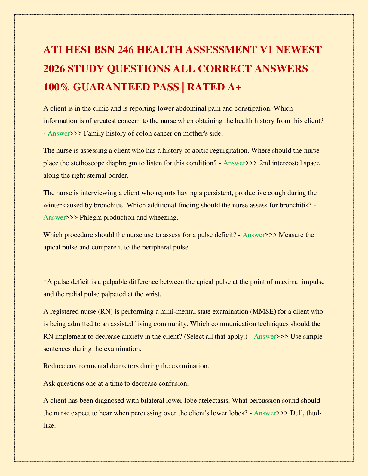 Recommended document preview for ATI HESI BSN 246 HEALTH ASSESSMENT V1 NEWEST 2026 STUDY QUESTIONS ALL CORRECT ANSWERS 100% GUARANTEED PASS | RATED A+