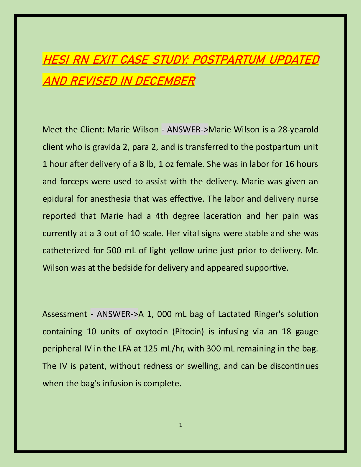 HESI RN EXIT CASE STUDY: POSTPARTUM UPDATED  AND REVISED IN DECEMBER