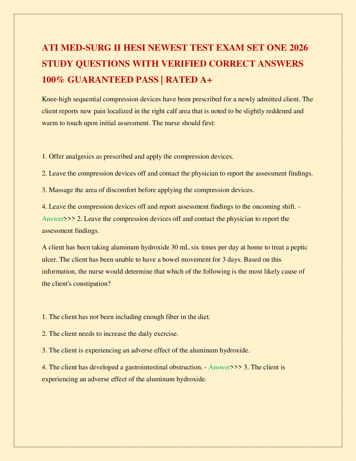ATI MED-SURG II HESI NEWEST TEST EXAM SET ONE 2026 STUDY QUESTIONS WITH VERIFIED CORRECT ANSWERS 100% GUARANTEED PASS | RATED A+